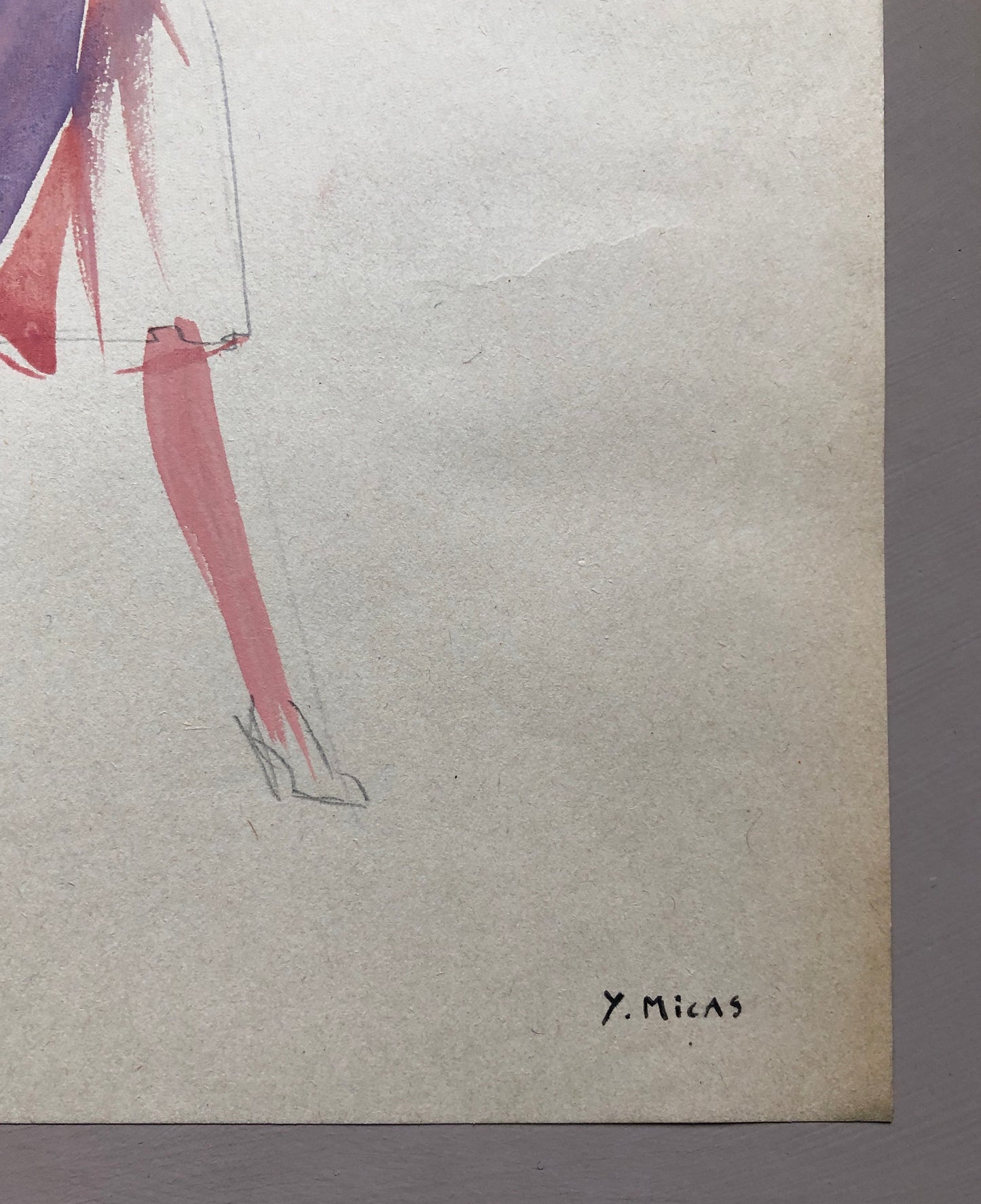 An Original Fashion Sketch, or Croquis, by Parisian Designer Yvette Micas. Hand Drawn and Painted. 1940’s. Signed. Size: 26.5 X 20.5 cms.