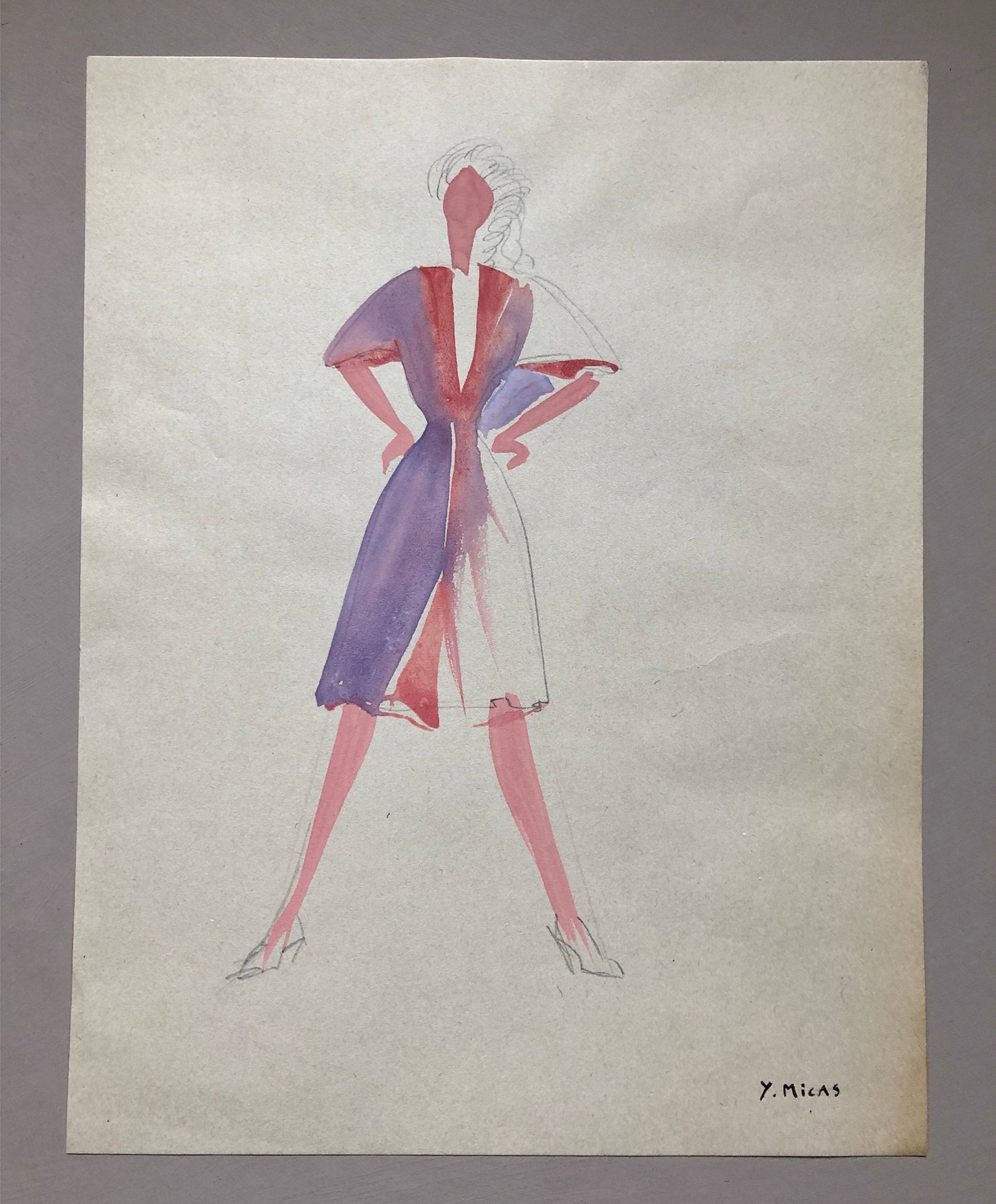 An Original Fashion Sketch, or Croquis, by Parisian Designer Yvette Micas. Hand Drawn and Painted. 1940’s. Signed. Size: 26.5 X 20.5 cms.