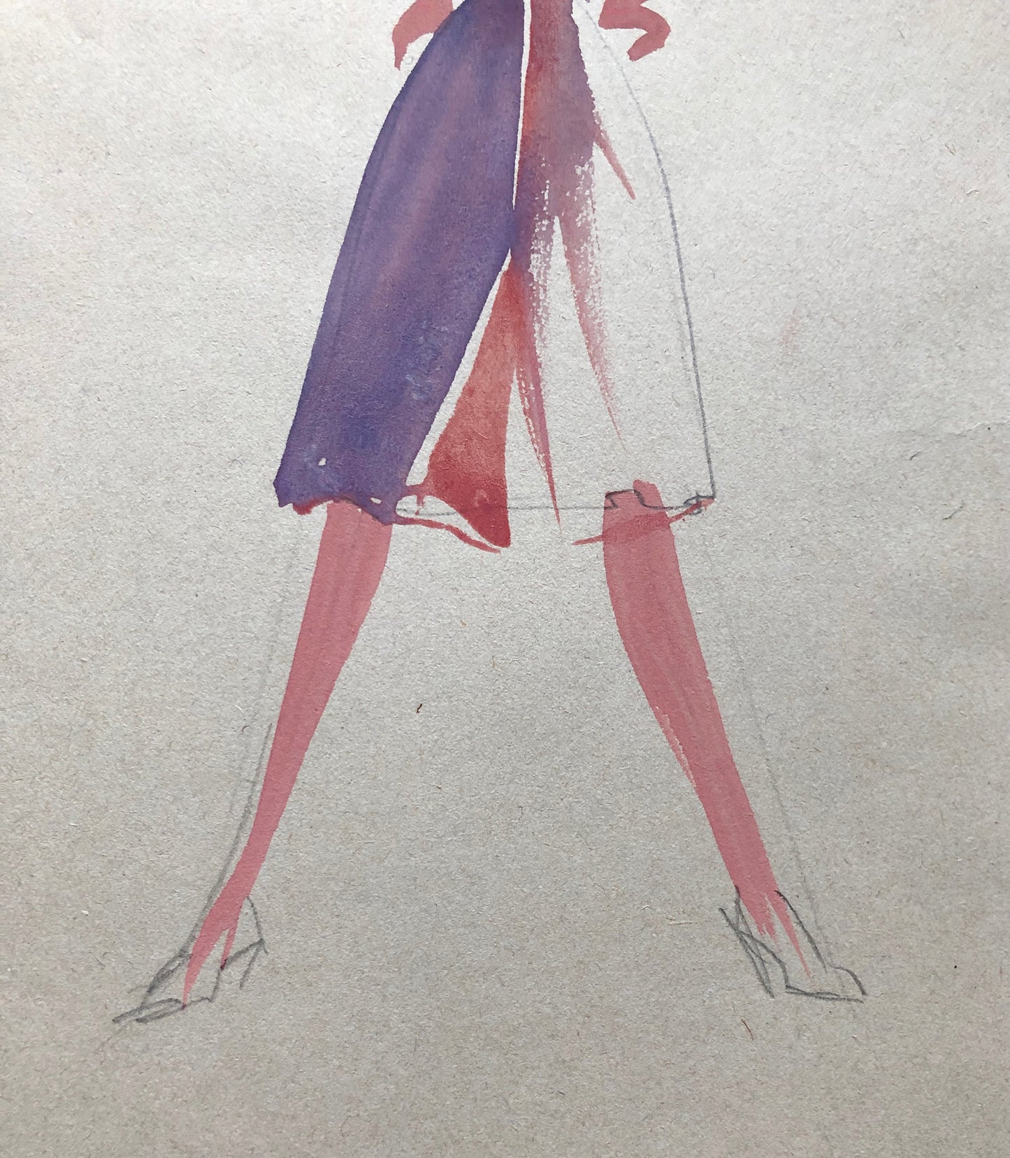 An Original Fashion Sketch, or Croquis, by Parisian Designer Yvette Micas. Hand Drawn and Painted. 1940’s. Signed. Size: 26.5 X 20.5 cms.