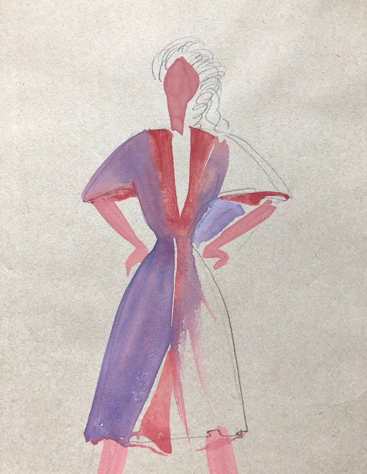 An Original Fashion Sketch, or Croquis, by Parisian Designer Yvette Micas. Hand Drawn and Painted. 1940’s. Signed. Size: 26.5 X 20.5 cms.
