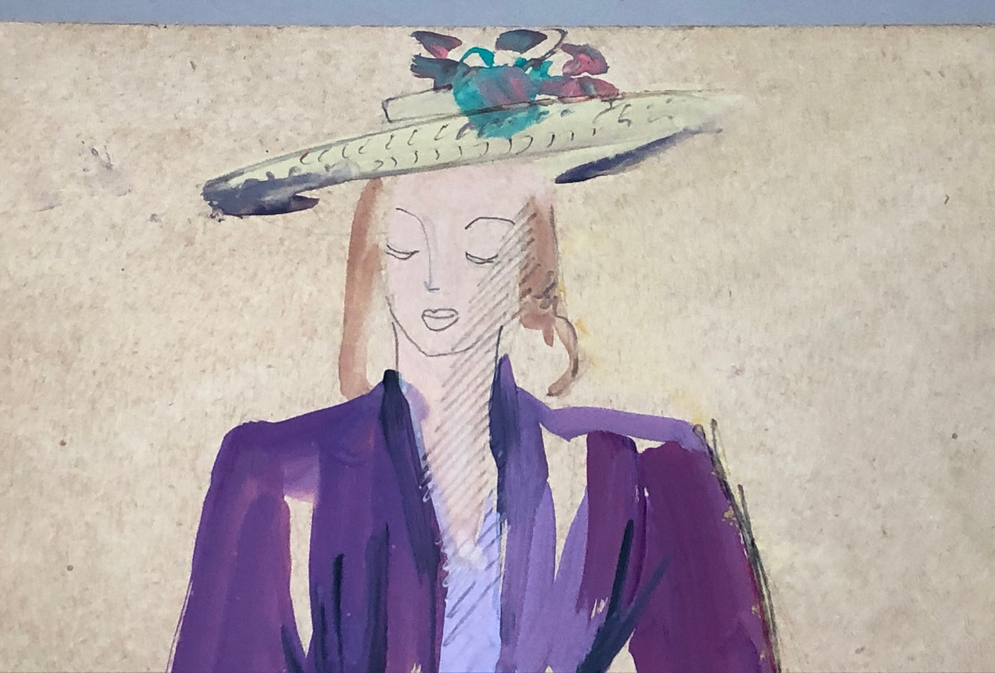 An Original Fashion Sketch, or Croquis, by Parisian Designer Yvette Micas. Hand Drawn and Painted. 1940’s. Signed. Size: 27.5 X 18 cms.