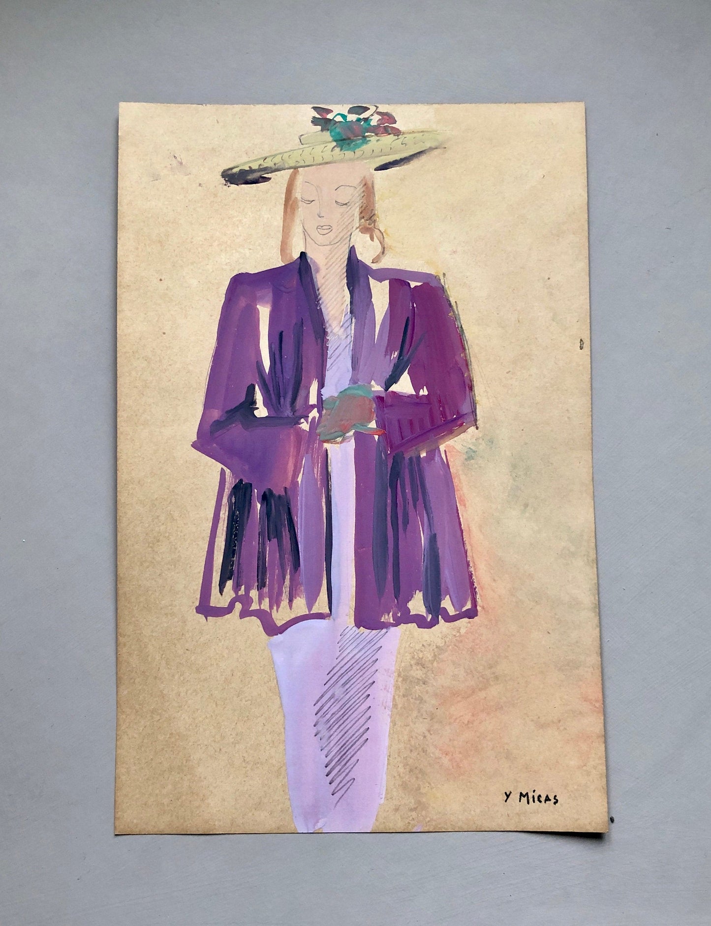 An Original Fashion Sketch, or Croquis, by Parisian Designer Yvette Micas. Hand Drawn and Painted. 1940’s. Signed. Size: 27.5 X 18 cms.