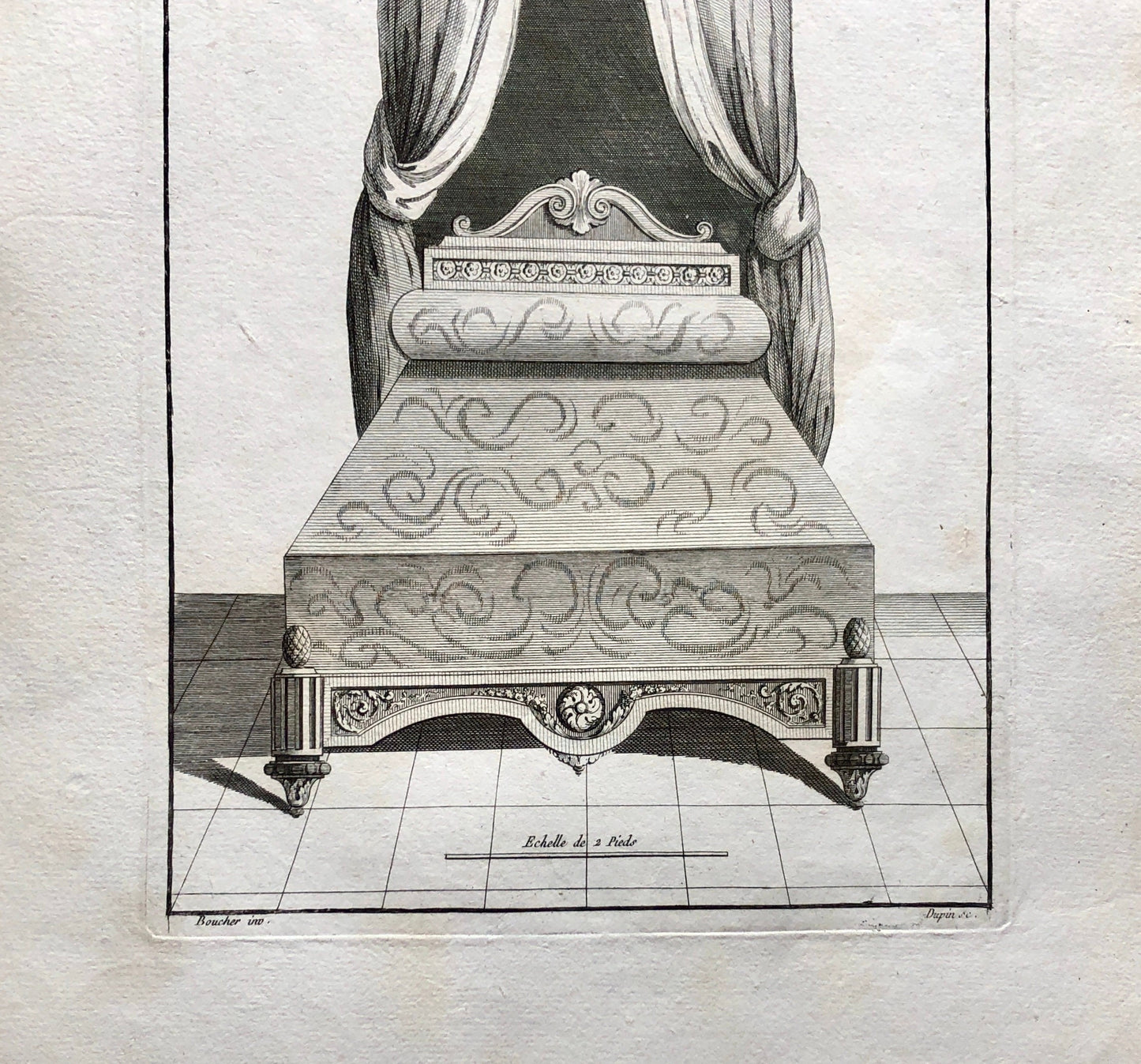 Lit à la Francoise. An Original Copper Etching From Livre de Meubles by Juste-Francois Boucher. Date: 1780. 46 x 30.6 cms.