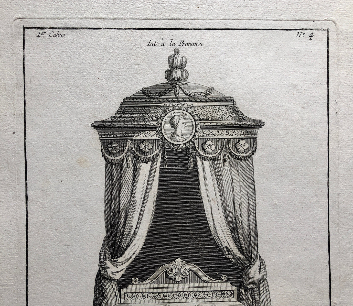Lit à la Francoise. An Original Copper Etching From Livre de Meubles by Juste-Francois Boucher. Date: 1780. 46 x 30.6 cms.