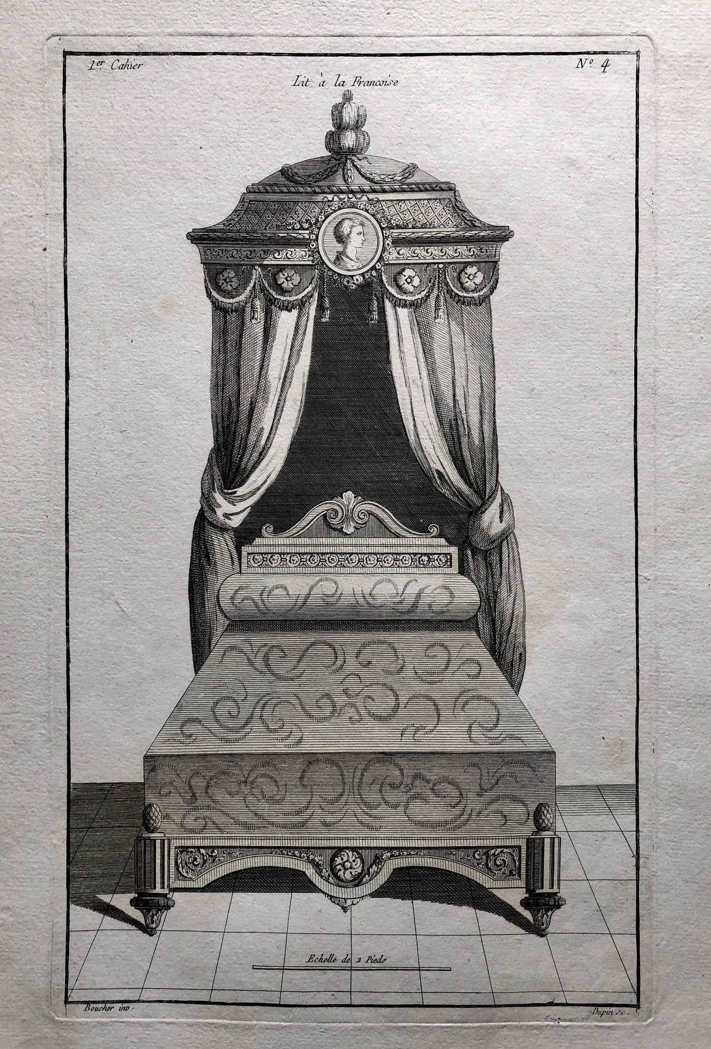 Lit à la Francoise. An Original Copper Etching From Livre de Meubles by Juste-Francois Boucher. Date: 1780. 46 x 30.6 cms.