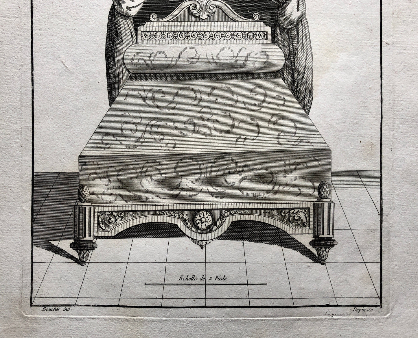 Lit à la Francoise. An Original Copper Etching From Livre de Meubles by Juste-Francois Boucher. Date: 1780. 46 x 30.6 cms.