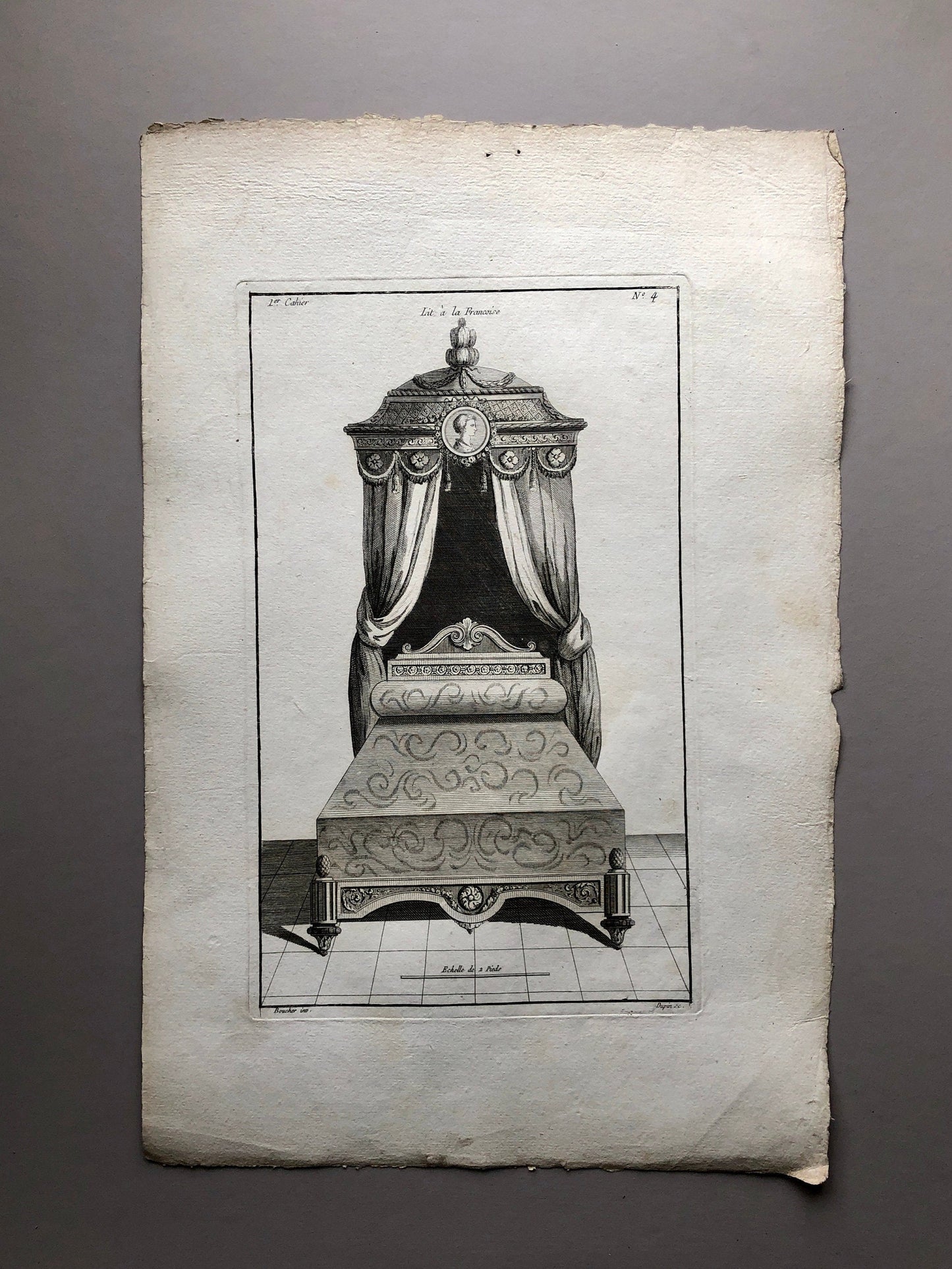 Lit à la Francoise. An Original Copper Etching From Livre de Meubles by Juste-Francois Boucher. Date: 1780. 46 x 30.6 cms.