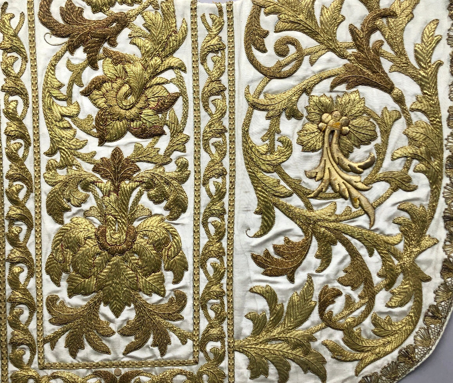 A Textile Sample From Lyon, France. Design For a Chasuble. Heavily Embroidered With Gold Thread. Late 19th Century. 46 x 43.5 cms .