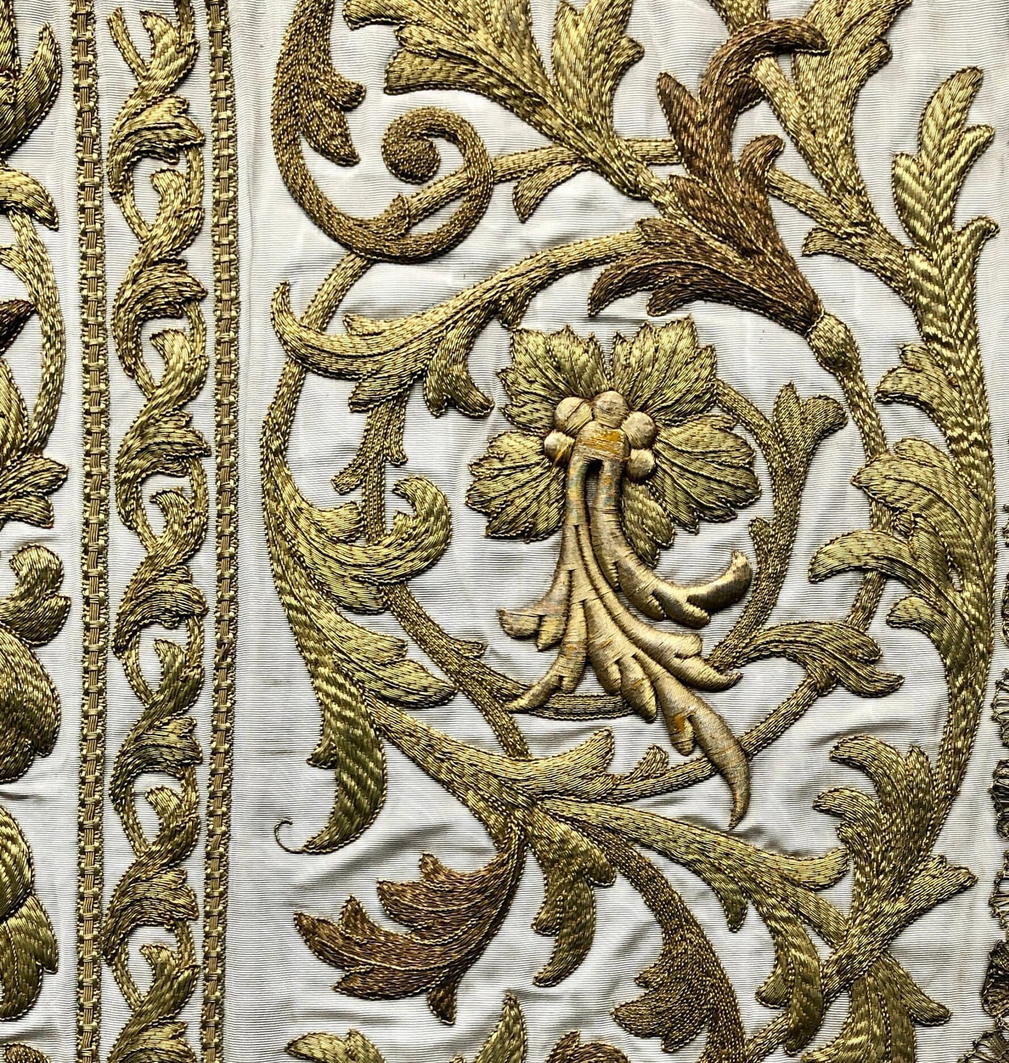 A Textile Sample From Lyon, France. Design For a Chasuble. Heavily Embroidered With Gold Thread. Late 19th Century. 46 x 43.5 cms .