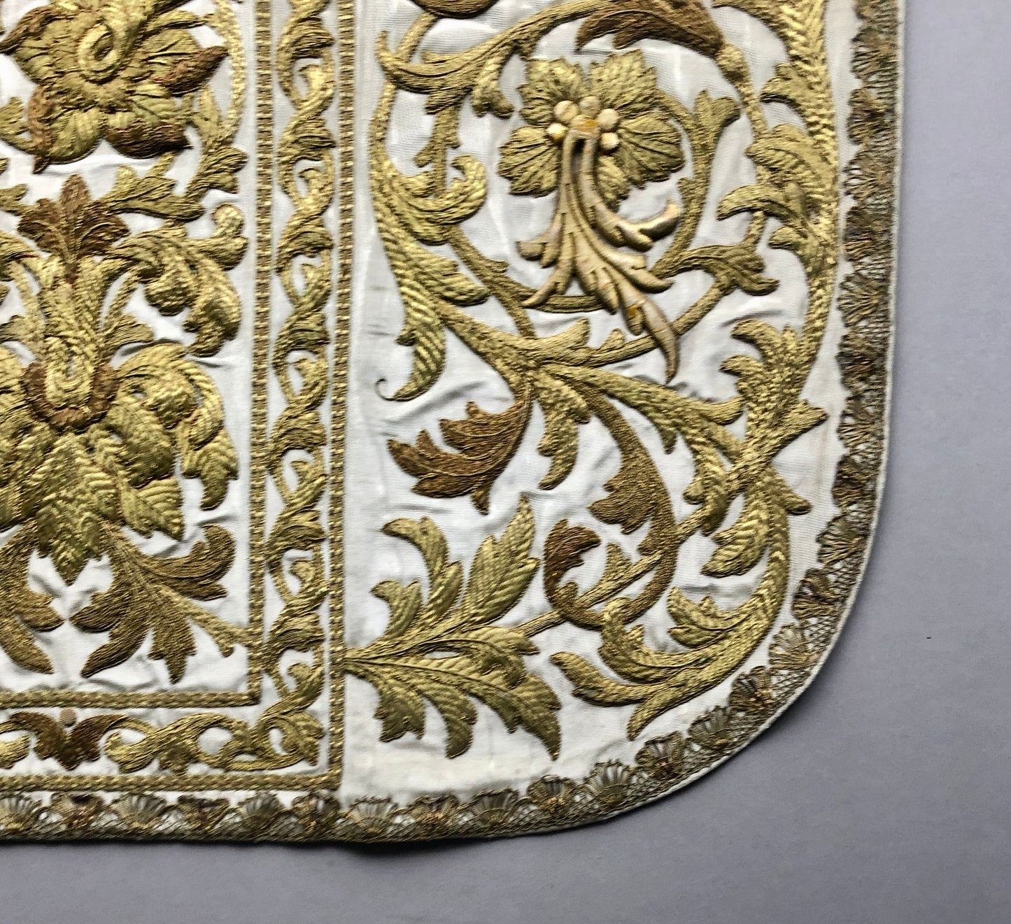 A Textile Sample From Lyon, France. Design For a Chasuble. Heavily Embroidered With Gold Thread. Late 19th Century. 46 x 43.5 cms .