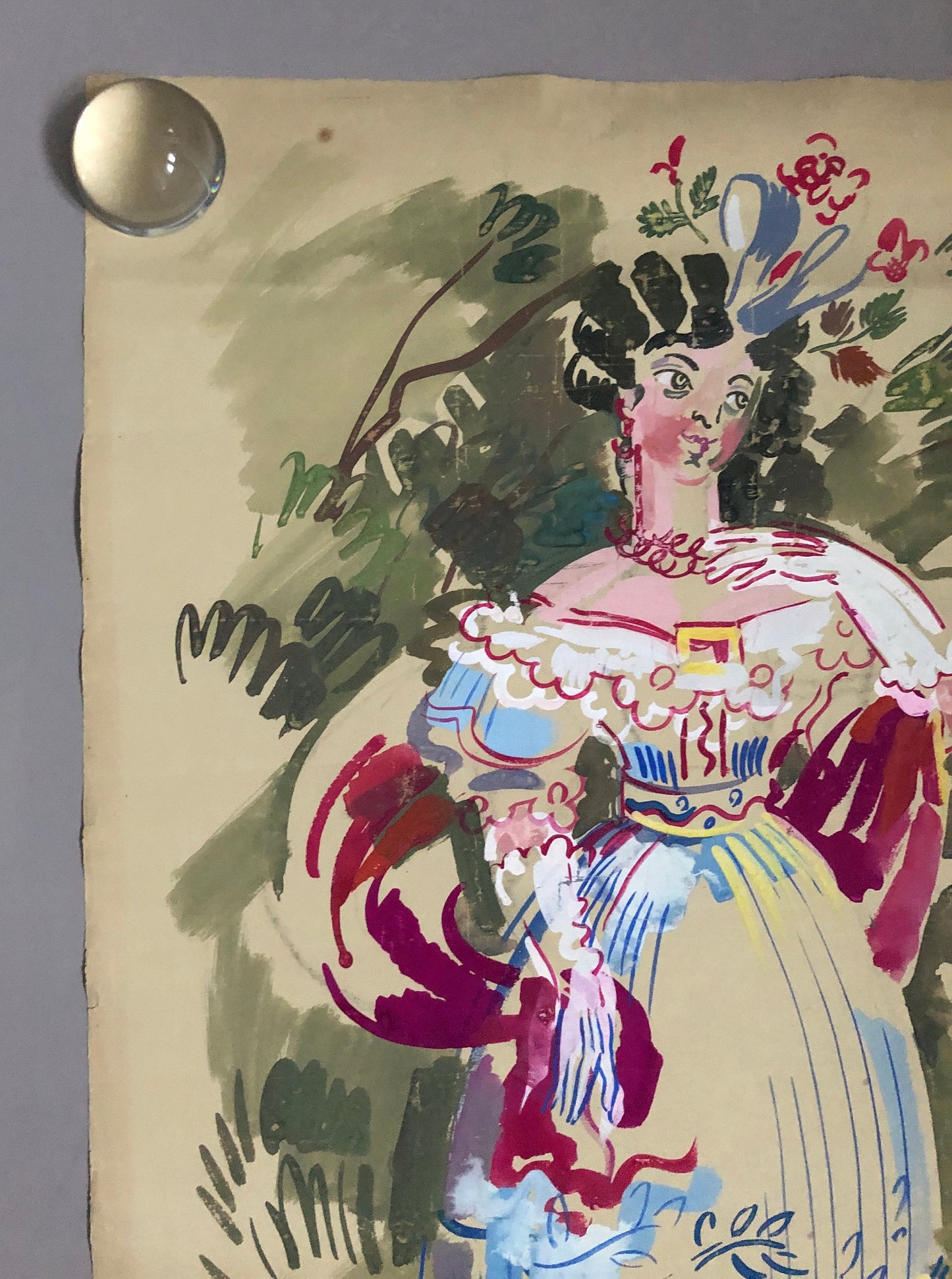 An Original Watercolour Entitled 1829 Evening Dress. Georgian Dress. Dated 1944. Signed by ROB. Size: 60 x 47 cms.