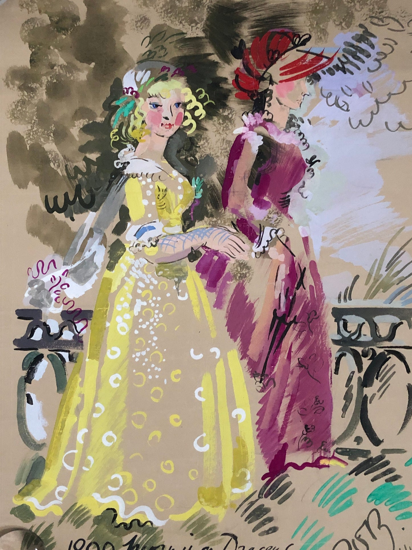 An Original Watercolour Entitled 1800 Morning Dress. Georgian Dress. Dated 1944. Signed by ROB. Size: 60 x 47 cms.