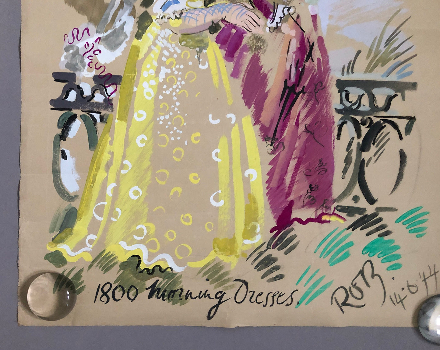 An Original Watercolour Entitled 1800 Morning Dress. Georgian Dress. Dated 1944. Signed by ROB. Size: 60 x 47 cms.