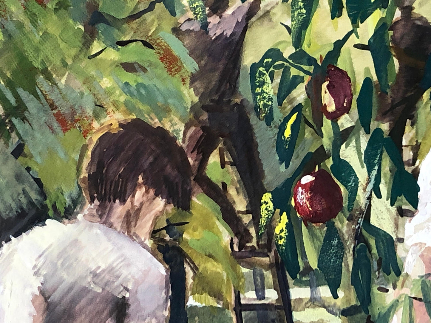 An Original Artwork Entitled The Apple Gatherers. An Examination Piece. Gouache. Unsigned. Likely 1960’s Size: 32.5 x 31.5 cms.