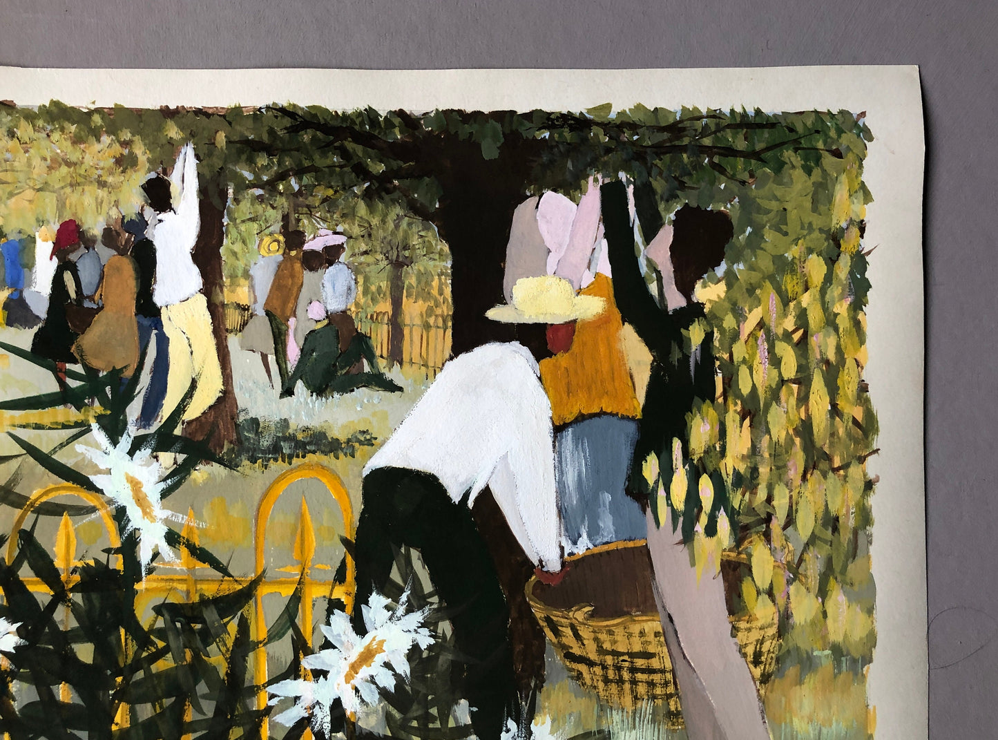 An Original Artwork Entitled The Apple Gatherers. An Examination Piece. Paint and Ink. Unsigned. Possibly 1960’s Size: 32.5 x 31.5 cms.