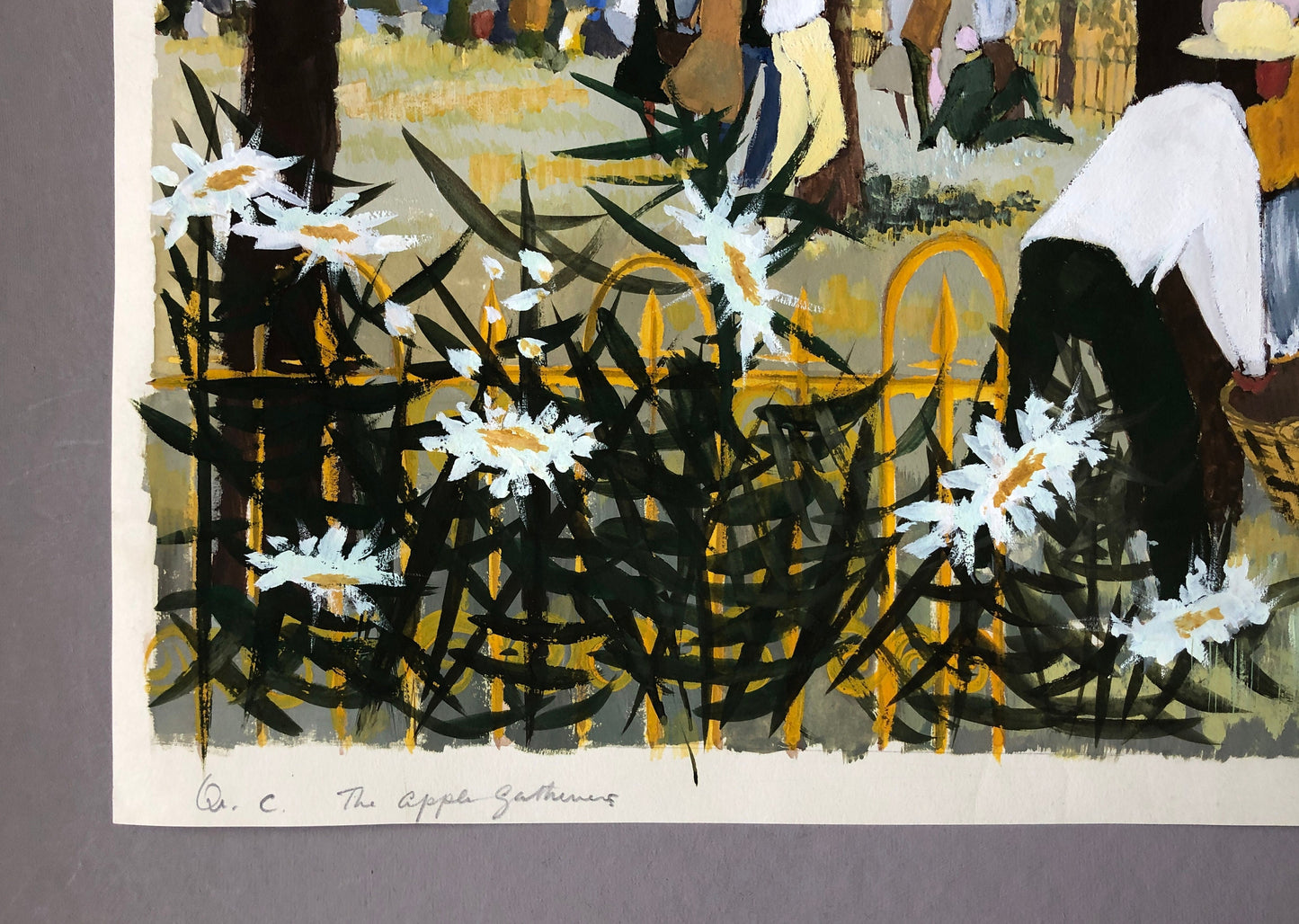 An Original Artwork Entitled The Apple Gatherers. An Examination Piece. Paint and Ink. Unsigned. Possibly 1960’s Size: 32.5 x 31.5 cms.