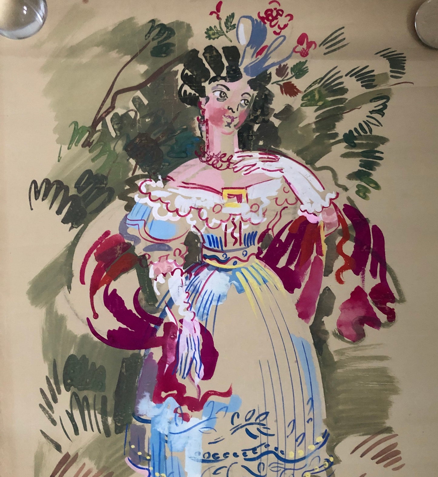 An Original Watercolour Entitled 1829 Evening Dress. Georgian Dress. Dated 1944. Signed by ROB. Size: 60 x 47 cms.