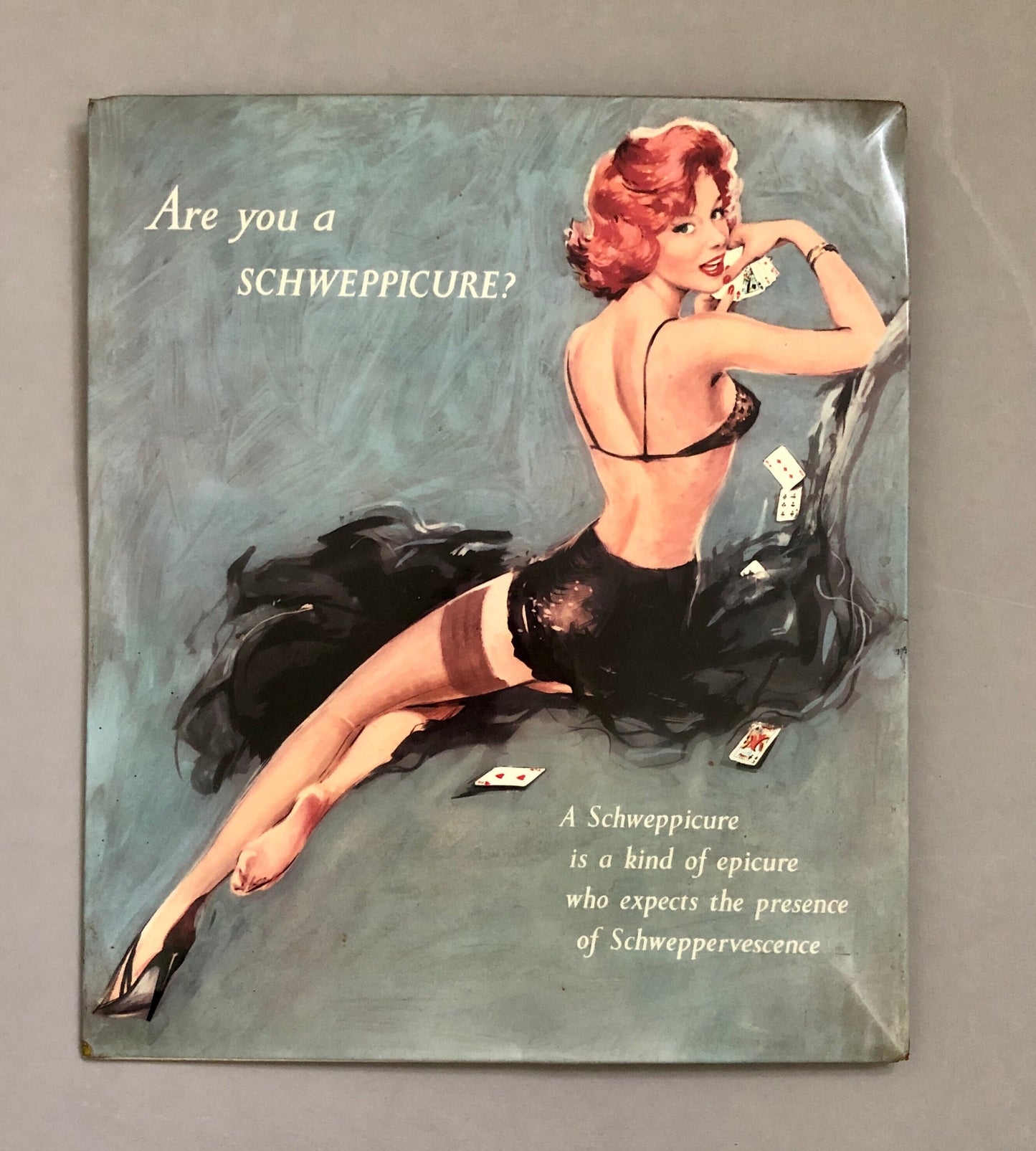 An Original Tin Advertisement For Schweppes Tonic Water. Genuine Vintage Glamour. From the 1950’s. Size: 34 .5 x 29.5 cms.
