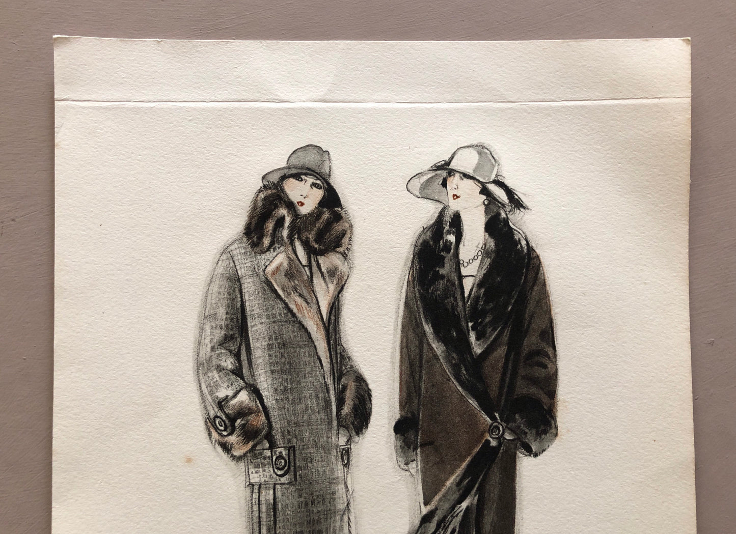 Simon Frères. Women in Furs. An Original Print Having The Appearance of A Watercolour. French. Dated 1925. Size: 21 x 27 cms.