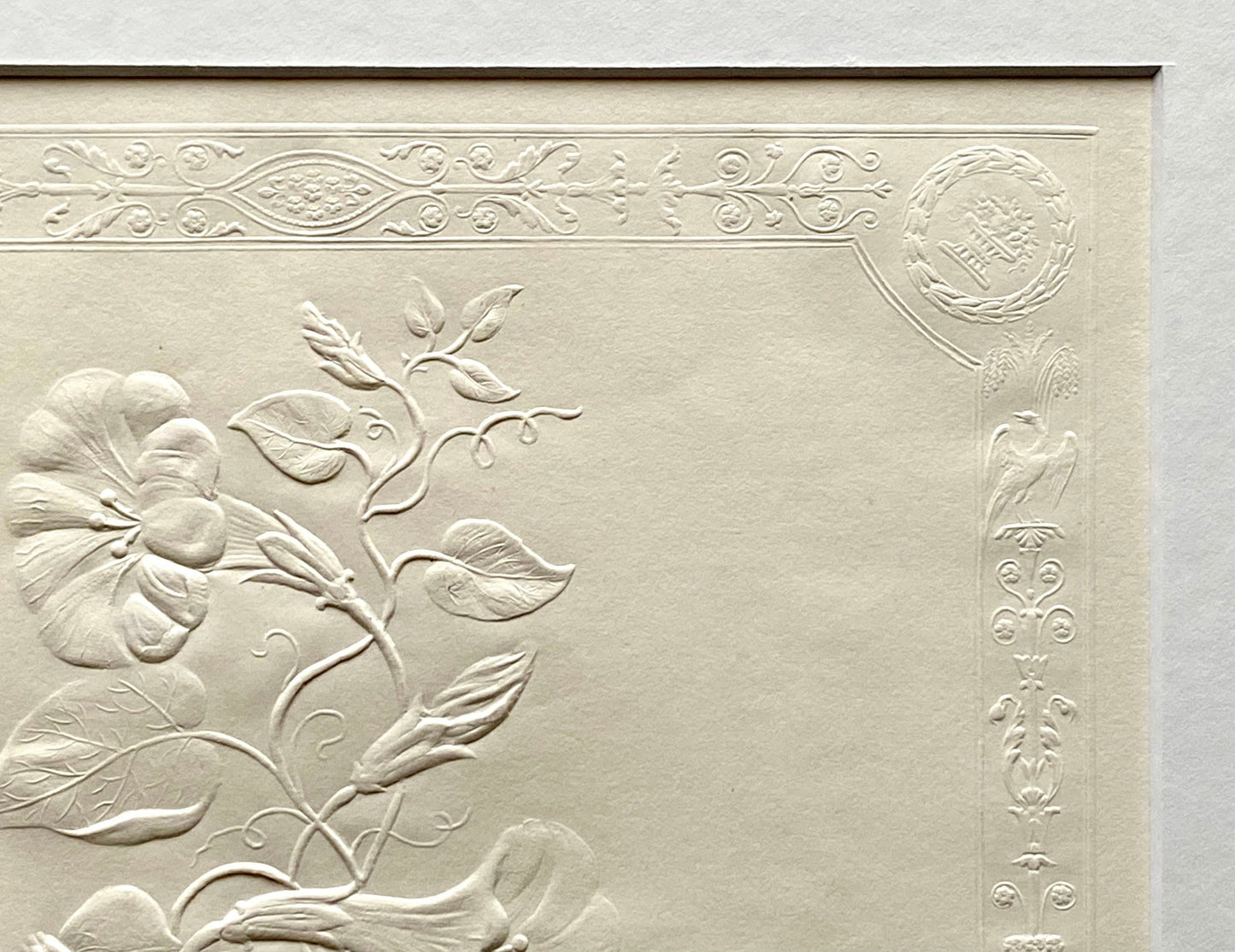 Ivy Convolvlus. An Antique Embossed Paper Image. With Poem in Black Script. Framed Using Clear Glass in a Limed Frame. Size: 35 x 30.5 cms.