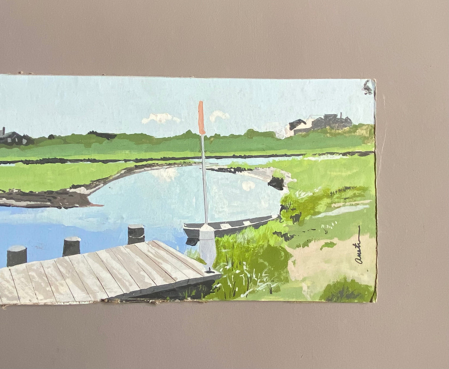 Creeks With Dock. Nantucket Island. An Original Artwork by John Austin (1918-2000). Egg Tempura. Possibly 1970’s. Signed. 44 x 17 cms.
