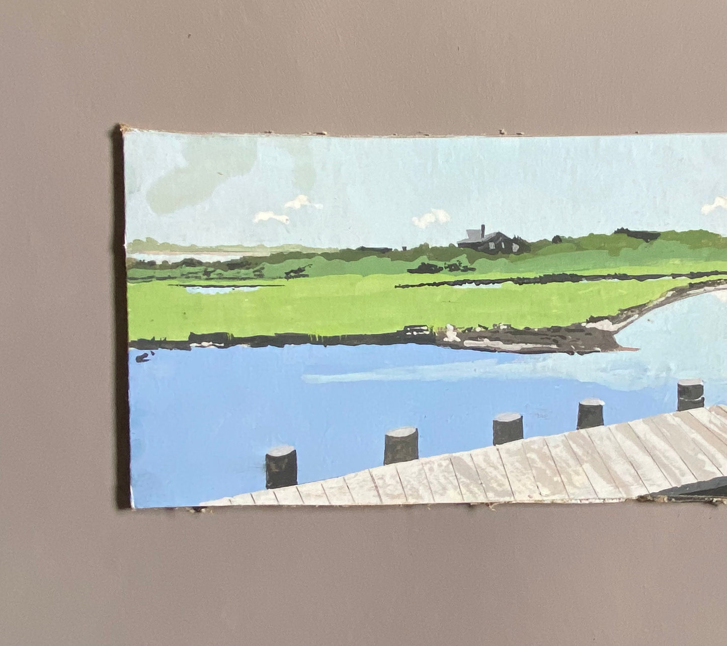 Creeks With Dock. Nantucket Island. An Original Artwork by John Austin (1918-2000). Egg Tempura. Possibly 1970’s. Signed. 44 x 17 cms.