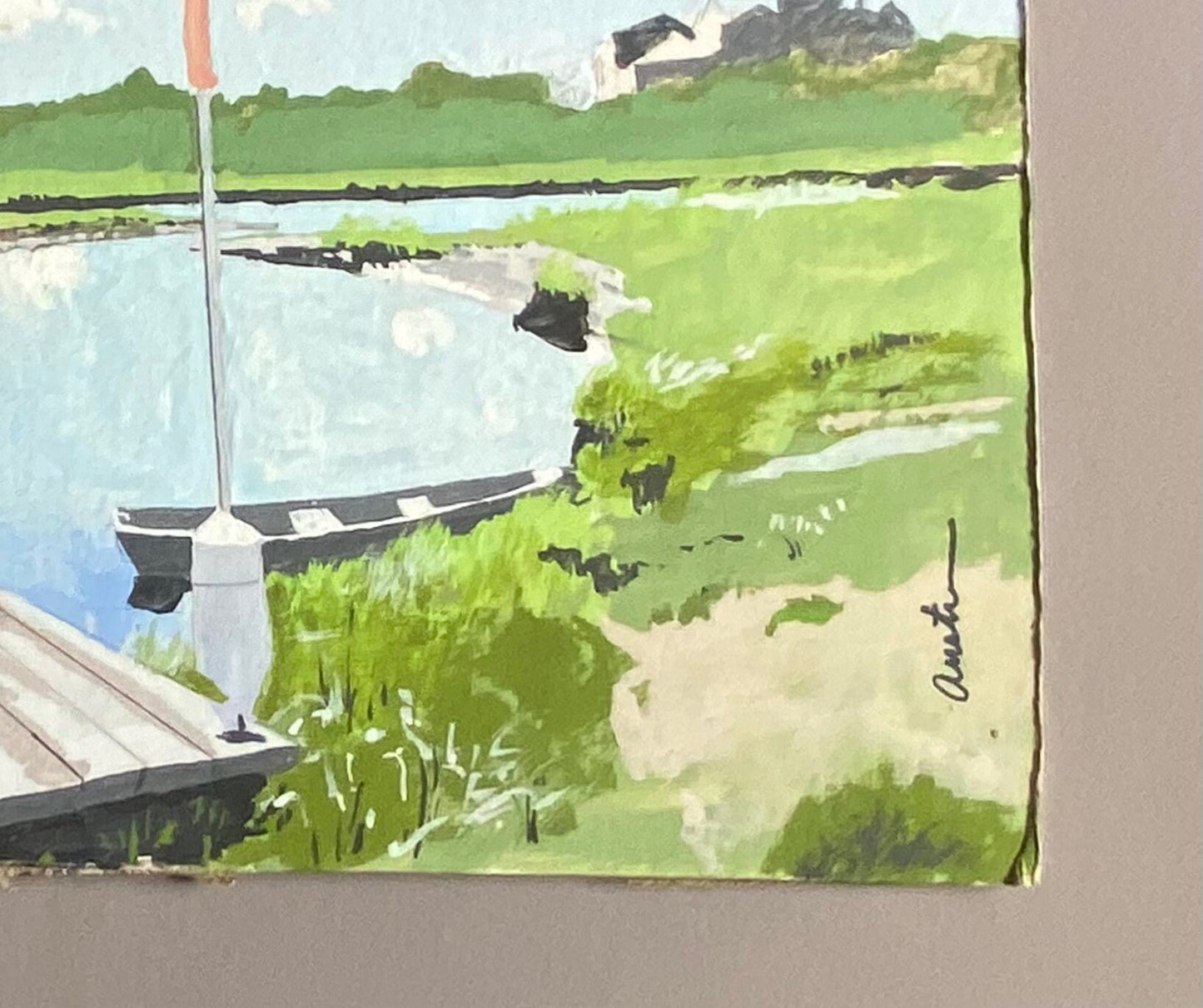 Creeks With Dock. Nantucket Island. An Original Artwork by John Austin (1918-2000). Egg Tempura. Possibly 1970’s. Signed. 44 x 17 cms.