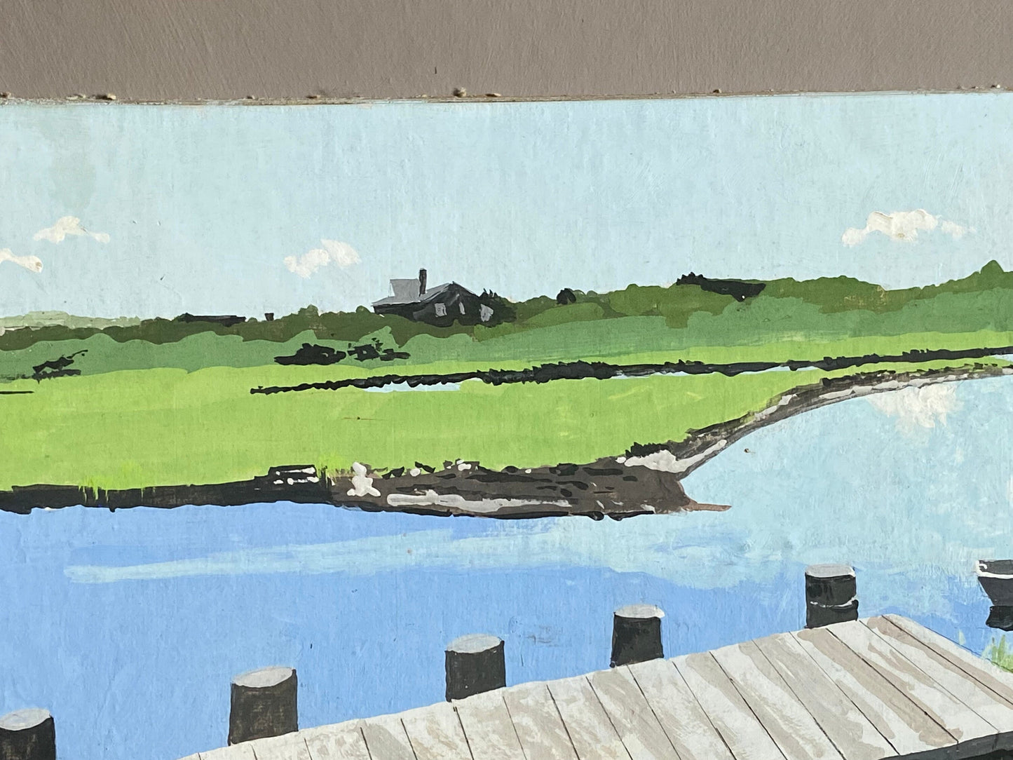 Creeks With Dock. Nantucket Island. An Original Artwork by John Austin (1918-2000). Egg Tempura. Possibly 1970’s. Signed. 44 x 17 cms.