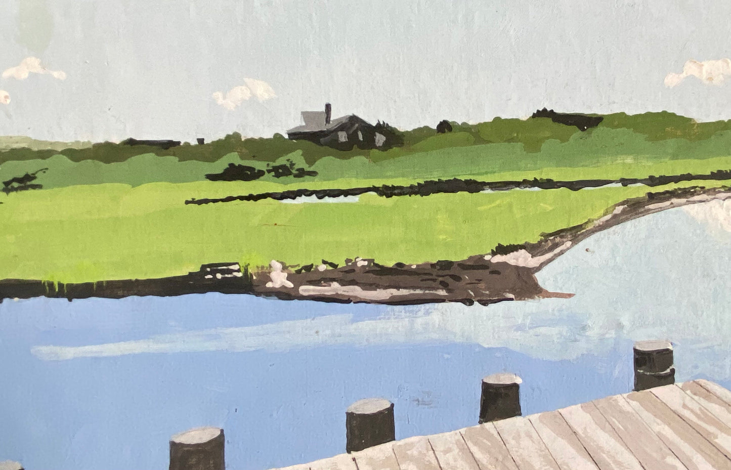 Creeks With Dock. Nantucket Island. An Original Artwork by John Austin (1918-2000). Egg Tempura. Possibly 1970’s. Signed. 44 x 17 cms.
