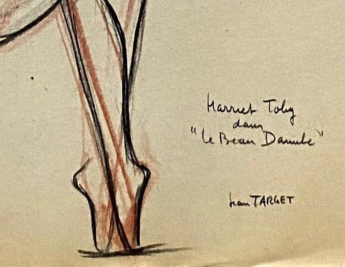 An Original Drawing of Harriet Toby in Le Beau Danube by Jean Target. 1940’s. Crayon on Paper. 27 x 37 cms.