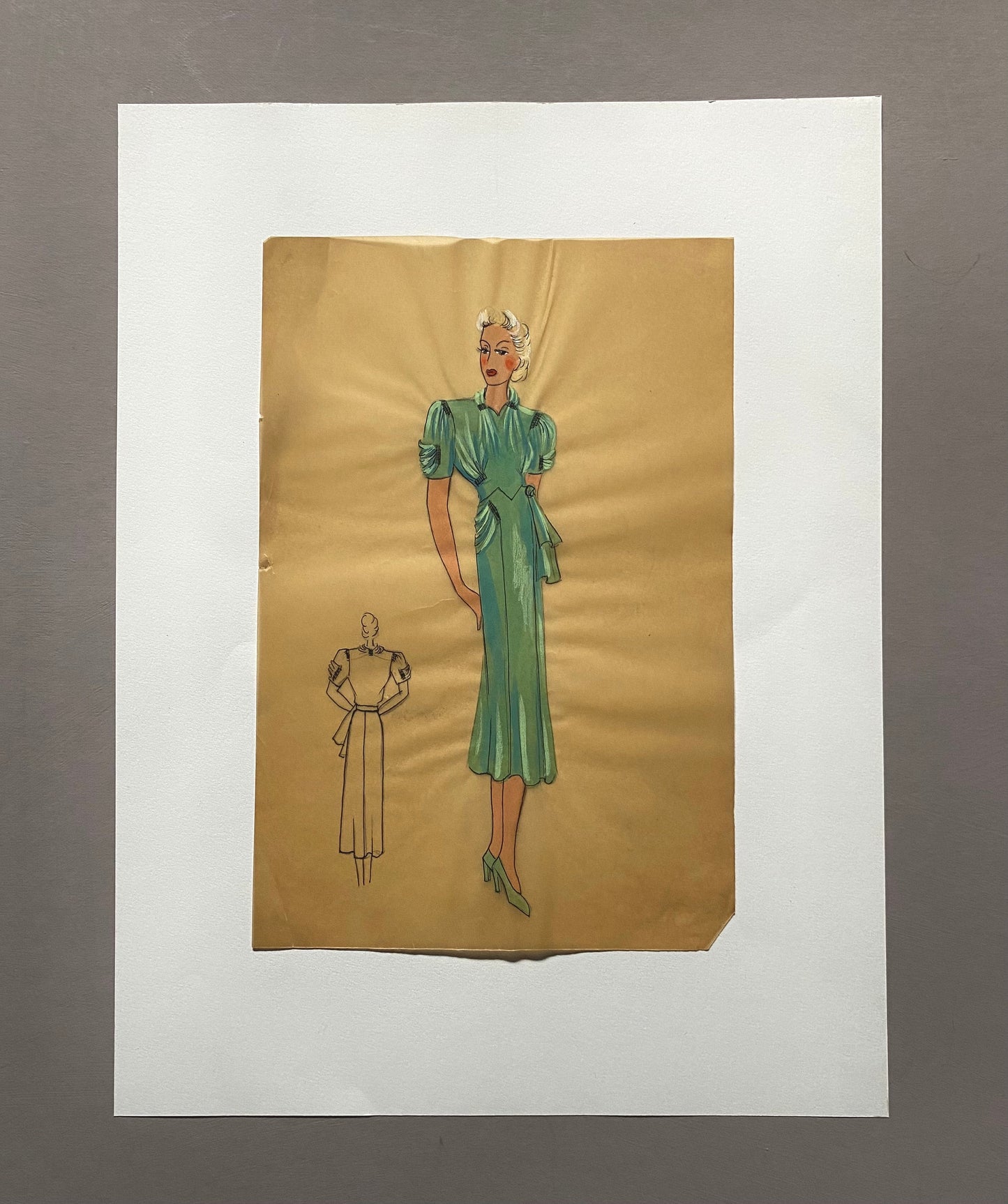 An Original Croquis or Fashion Sketch. Watercolour on Glassine Paper. French. 1950s. Size: 18.5 x 27.5 cms.