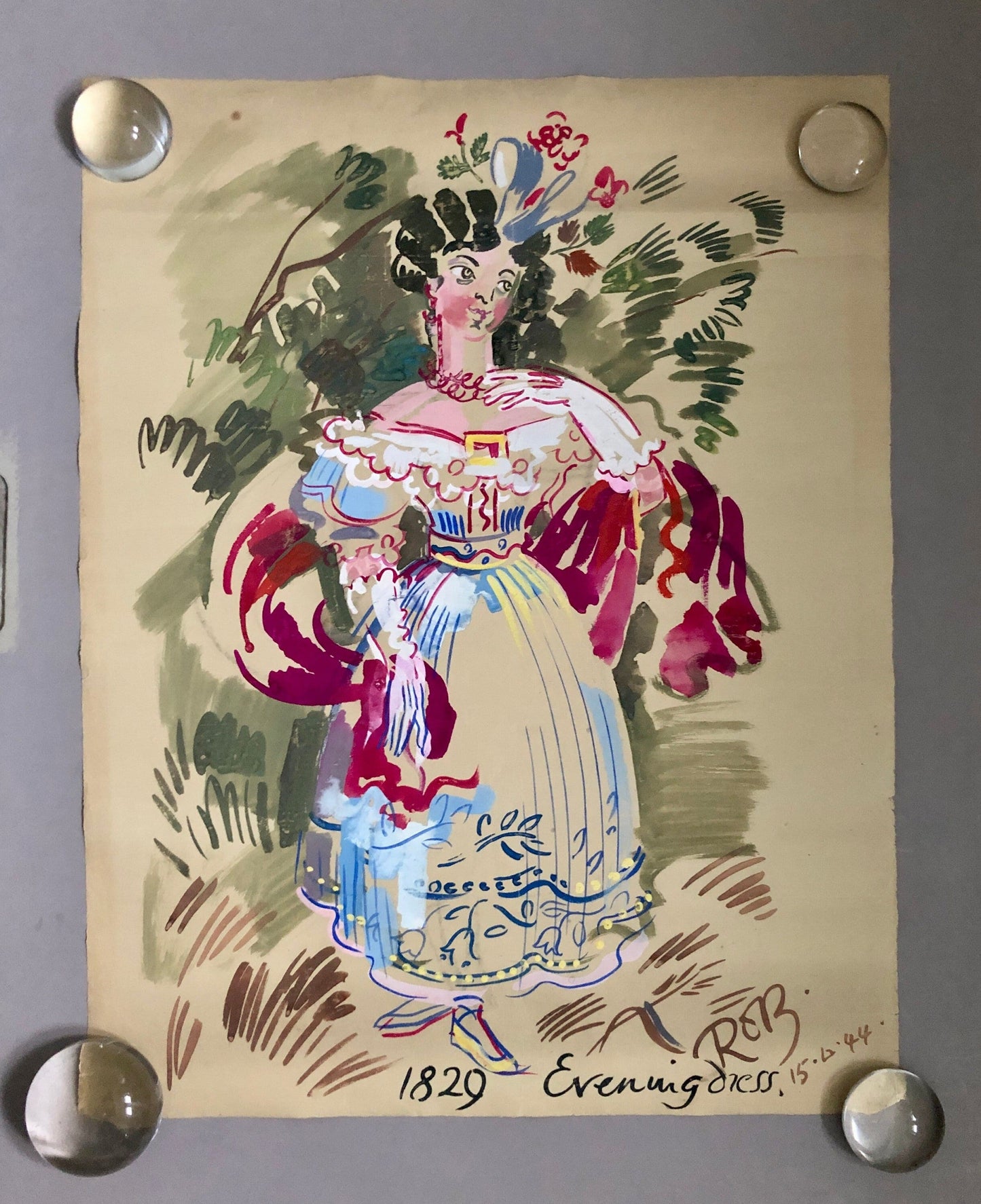 An Original Watercolour Entitled 1829 Evening Dress. Georgian Dress. Dated 1944. Signed by ROB. Size: 60 x 47 cms.