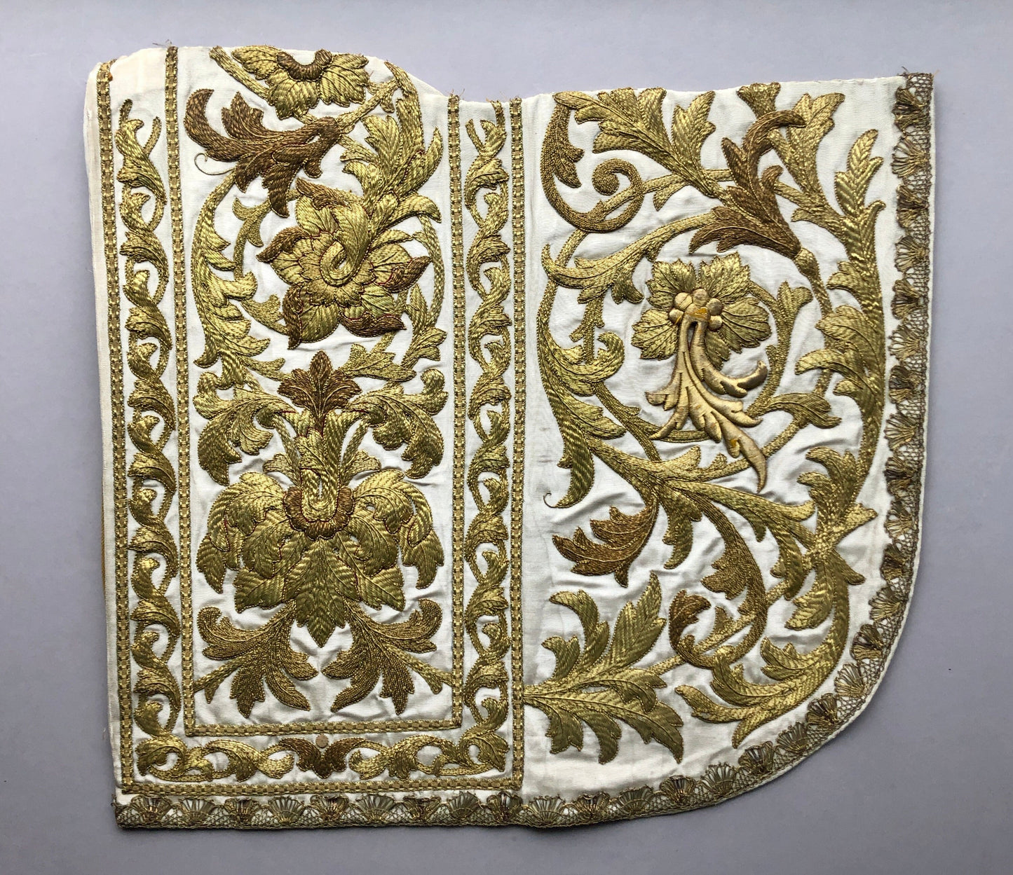 A Textile Sample From Lyon, France. Design For a Chasuble. Heavily Embroidered With Gold Thread. Late 19th Century. 46 x 43.5 cms .
