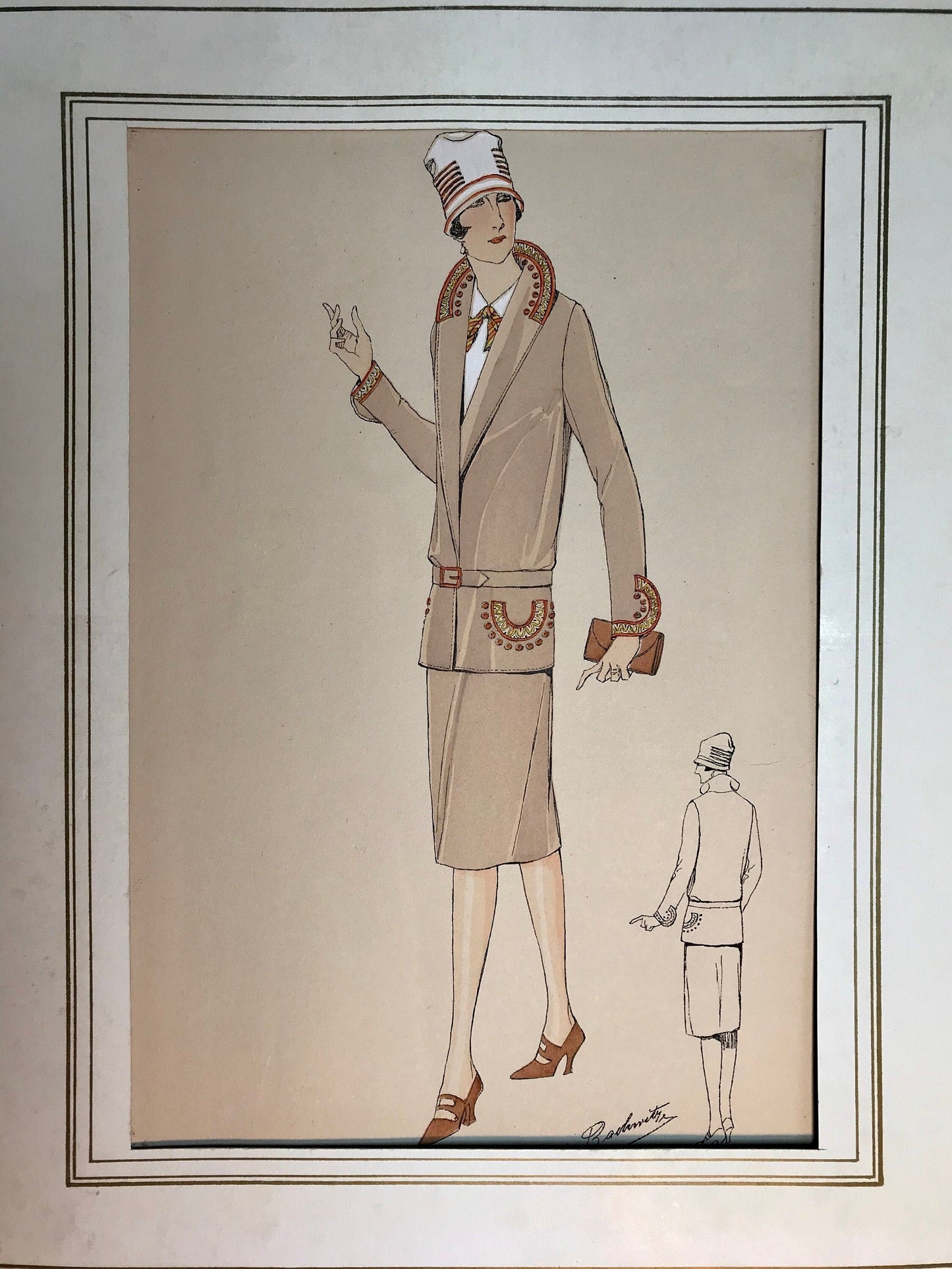 An Original Fashion Sketch, or Croquis, from Parisian Atelier Bachwitz. A Hand Coloured Lithograph print. 1930’s. Size: 30.5 x 18.8 cms.