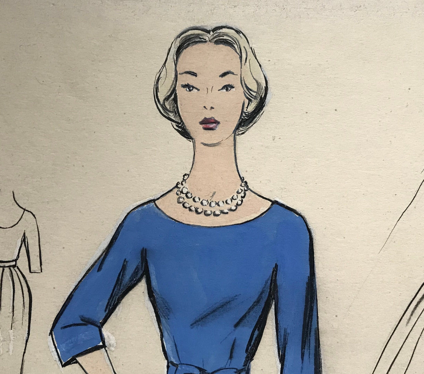 A Large Hand Drawn and Hand Painted Fashion Illustration. Spanish. Barcelona. 1957 - 58. Size: 52 x 41 cms.