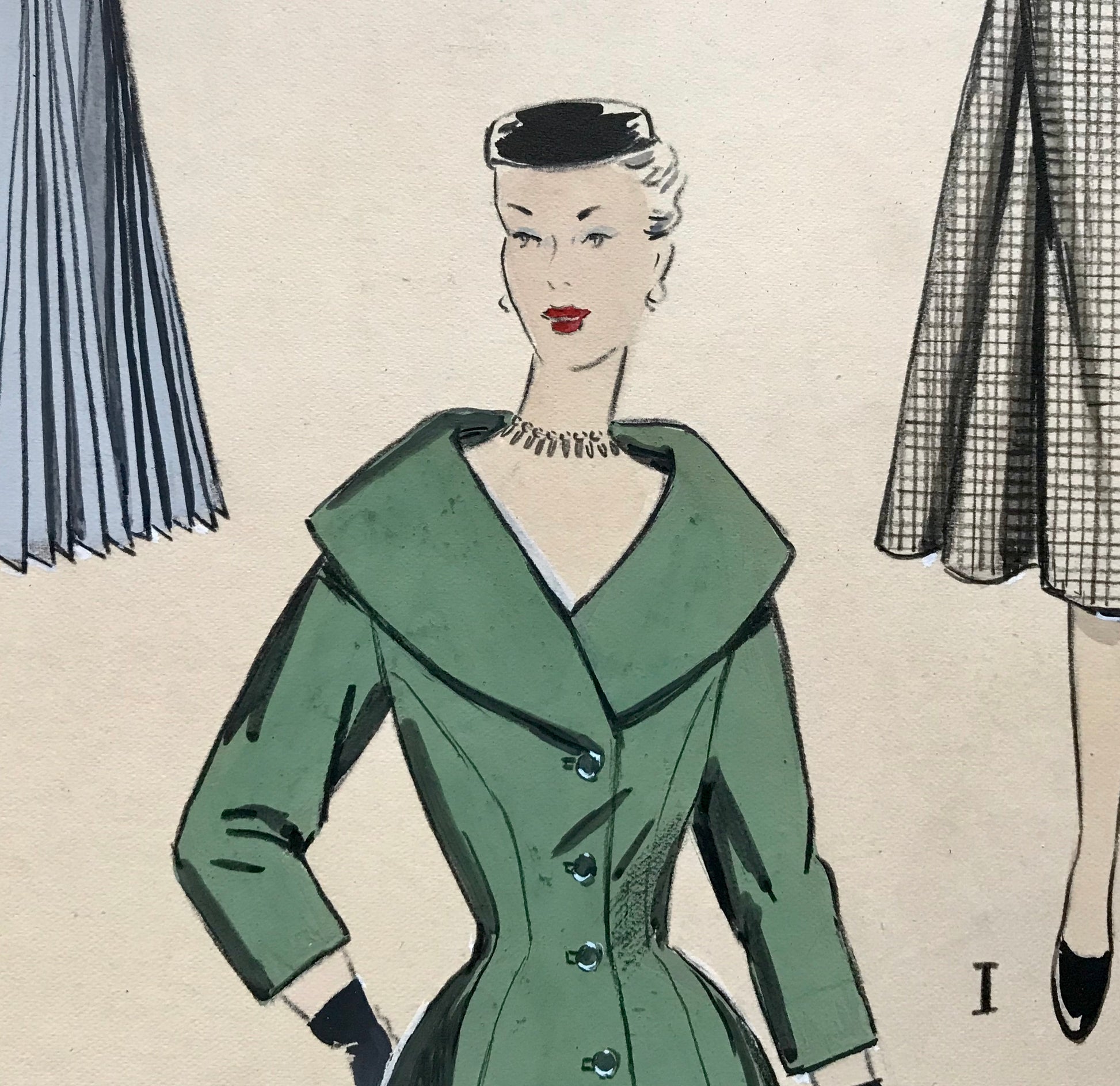 A Large Hand Drawn and Hand Painted Fashion Illustration. From Barcelona, Spain. 1955. Size: 50.5 x 40.5 cms.