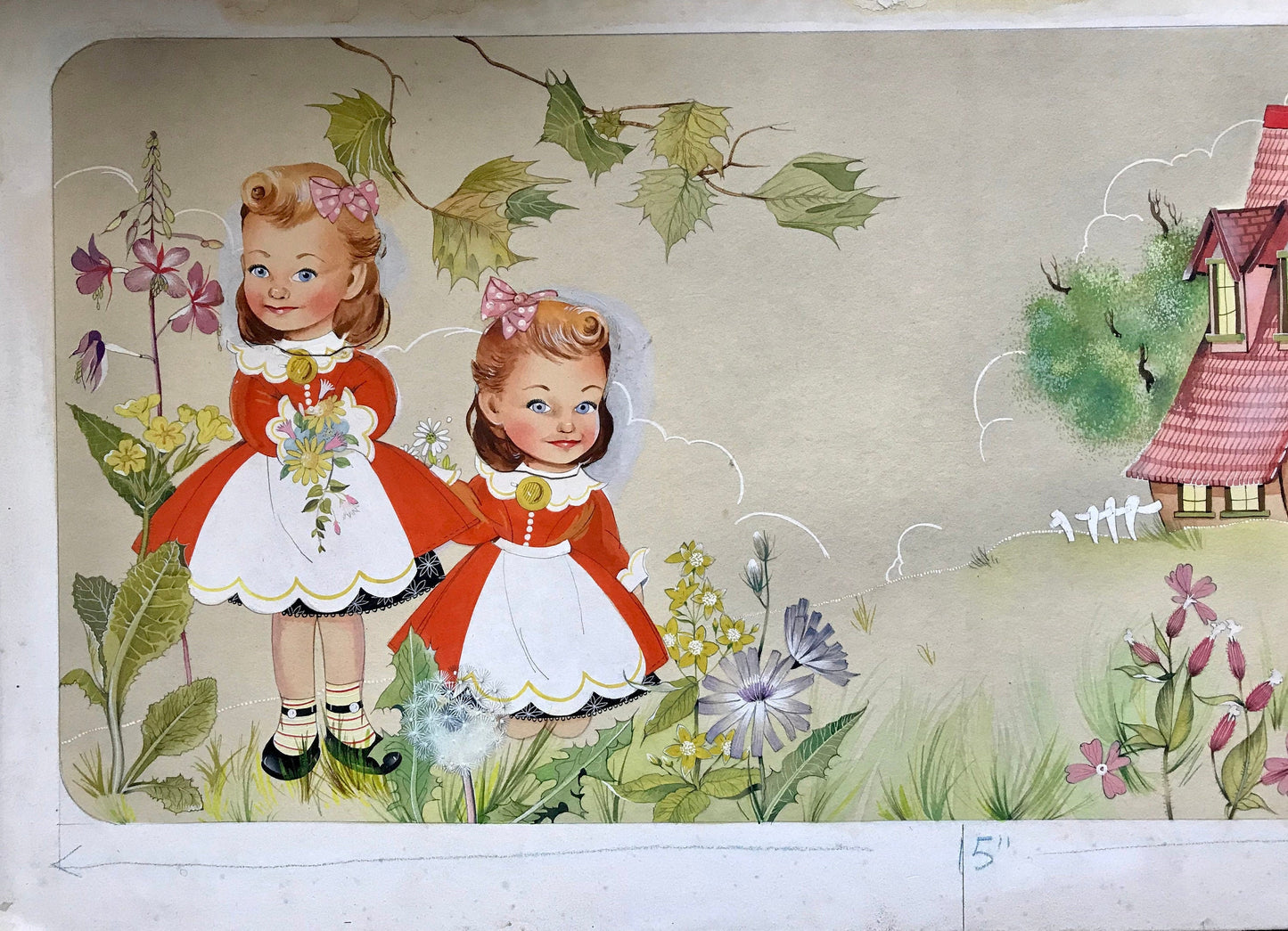 An Original Illustration From ‘The Twins at The Farm’, a child’s picture book published by Dean dated 1953. Large: 59 x 28 cms.