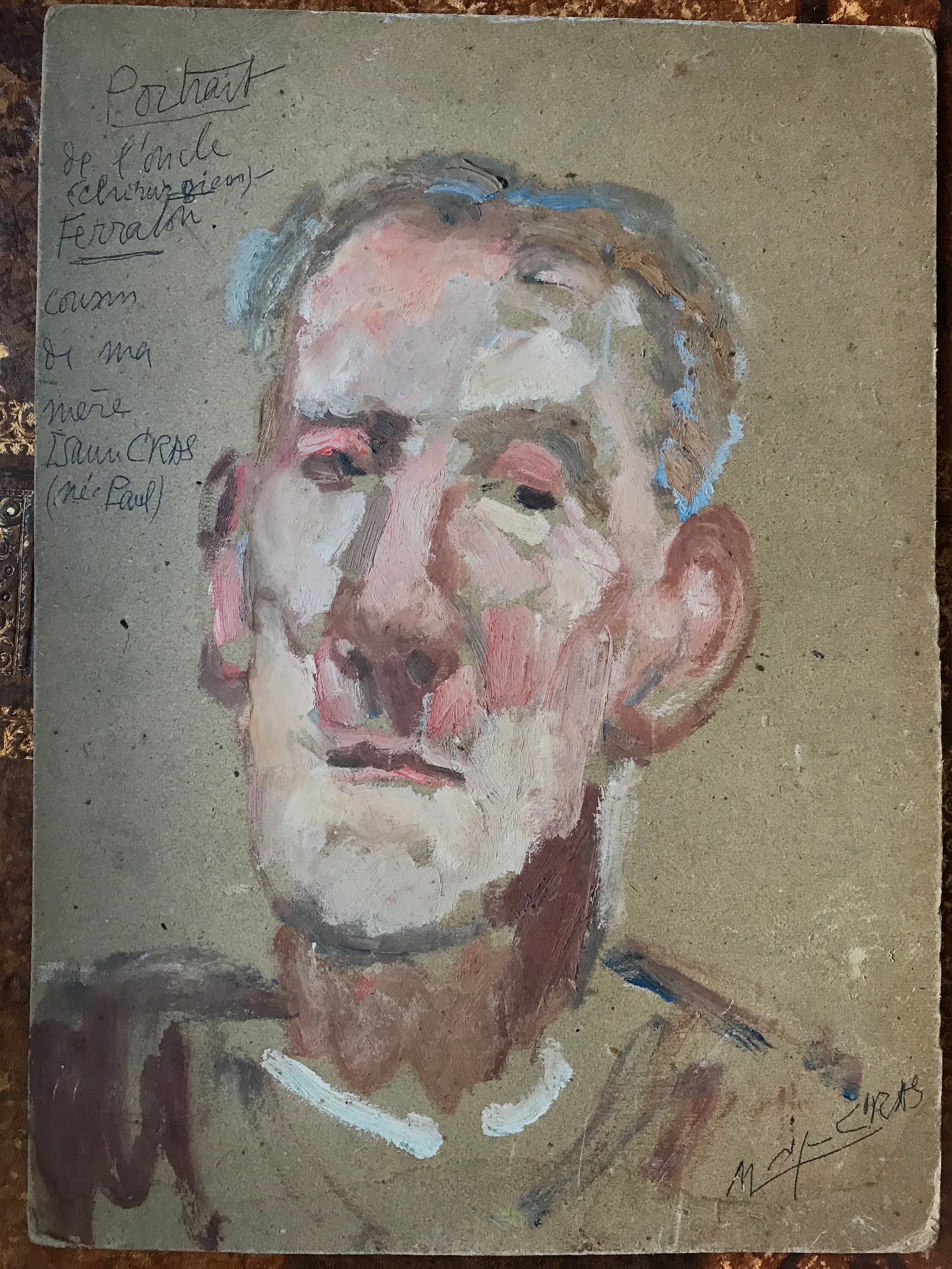 Two Portraits by Monique Cras. One of her grandmother and one of her uncle. Oil on board. 38.5 x 28 and 34.5 x 27 cms.