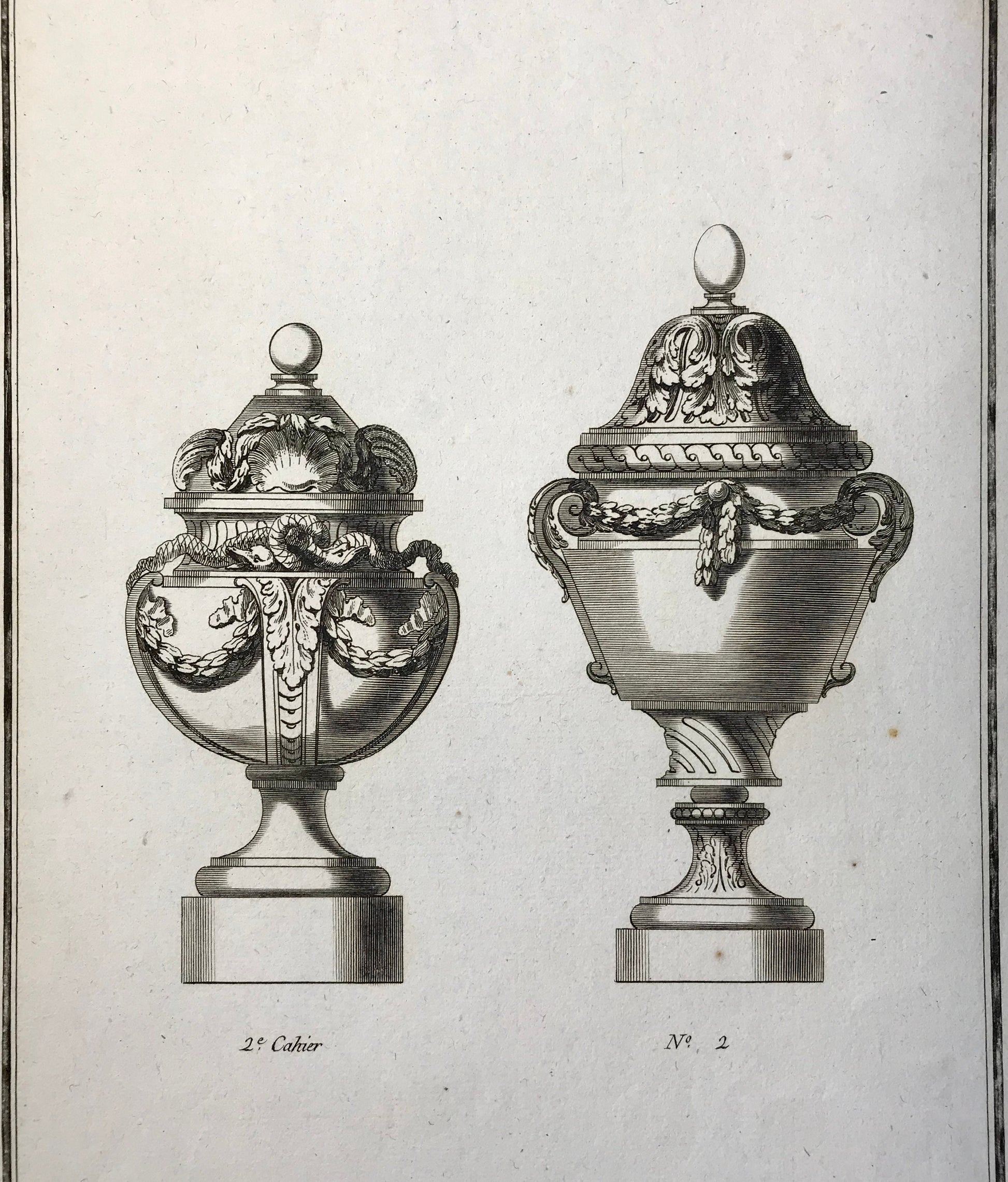 A Set of 6 Original Antique Engravings Showing Designs for Vases. Numbered 1 to 6. By Pierre de Fontanieu. Dated 1770. 36 x 24.2 cms.