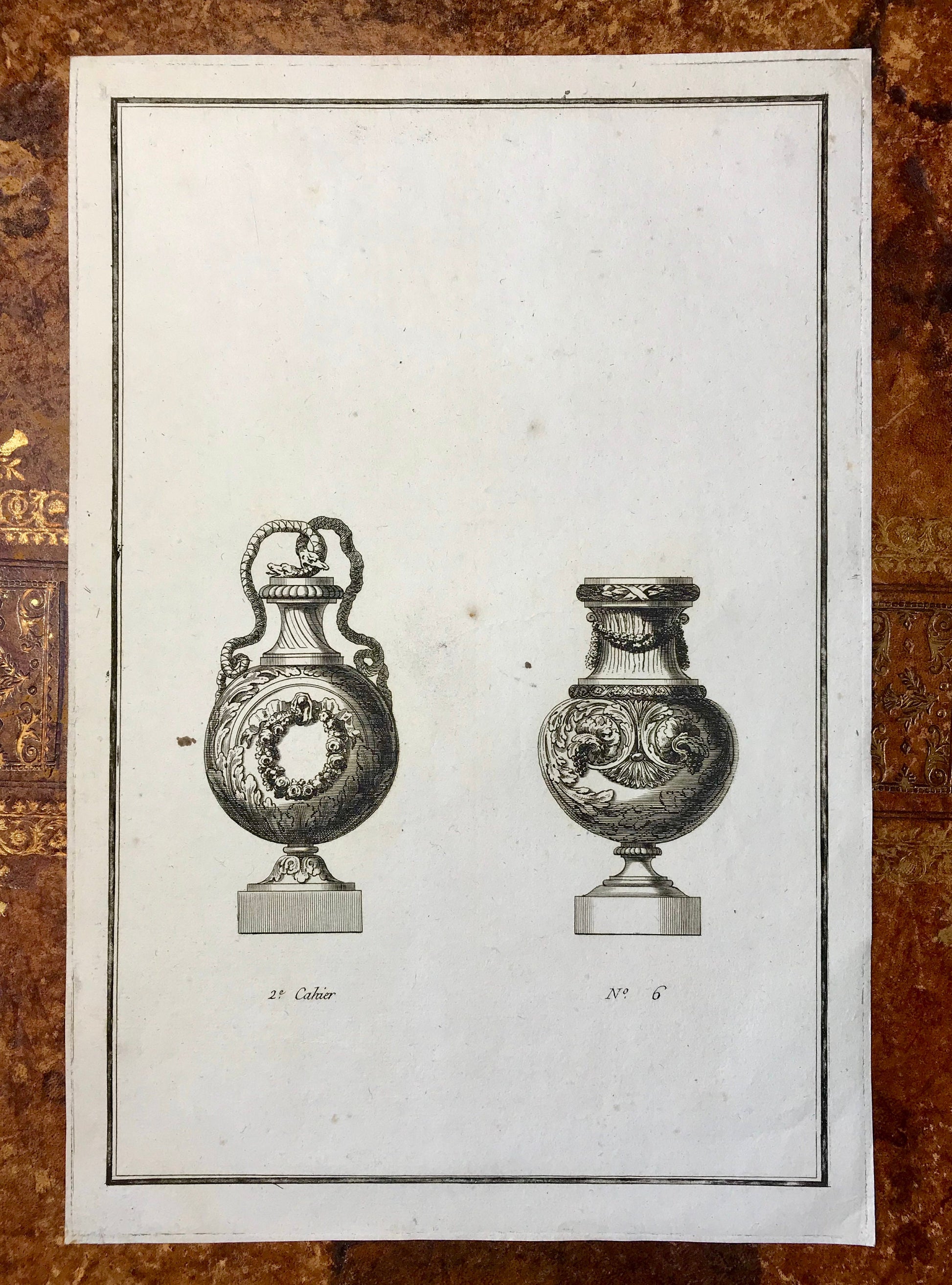 A Set of 6 Original Antique Engravings Showing Designs for Vases. Numbered 1 to 6. By Pierre de Fontanieu. Dated 1770. 36 x 24.2 cms.