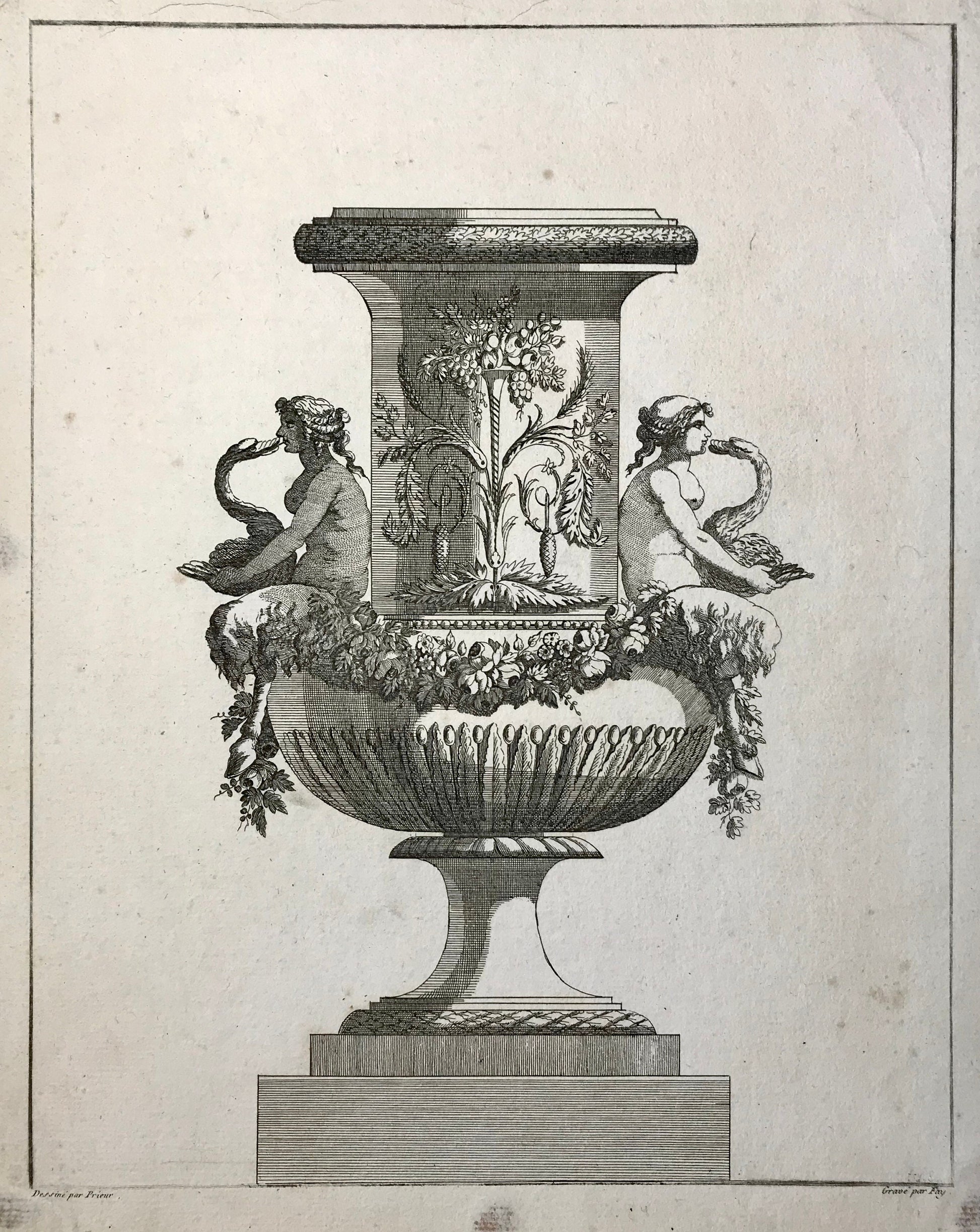 3 Engravings. Designs for Vases by Jean-Louis Prieur (1732-95). French. Late 18th Century. Size: 32.5 x 26 cms.