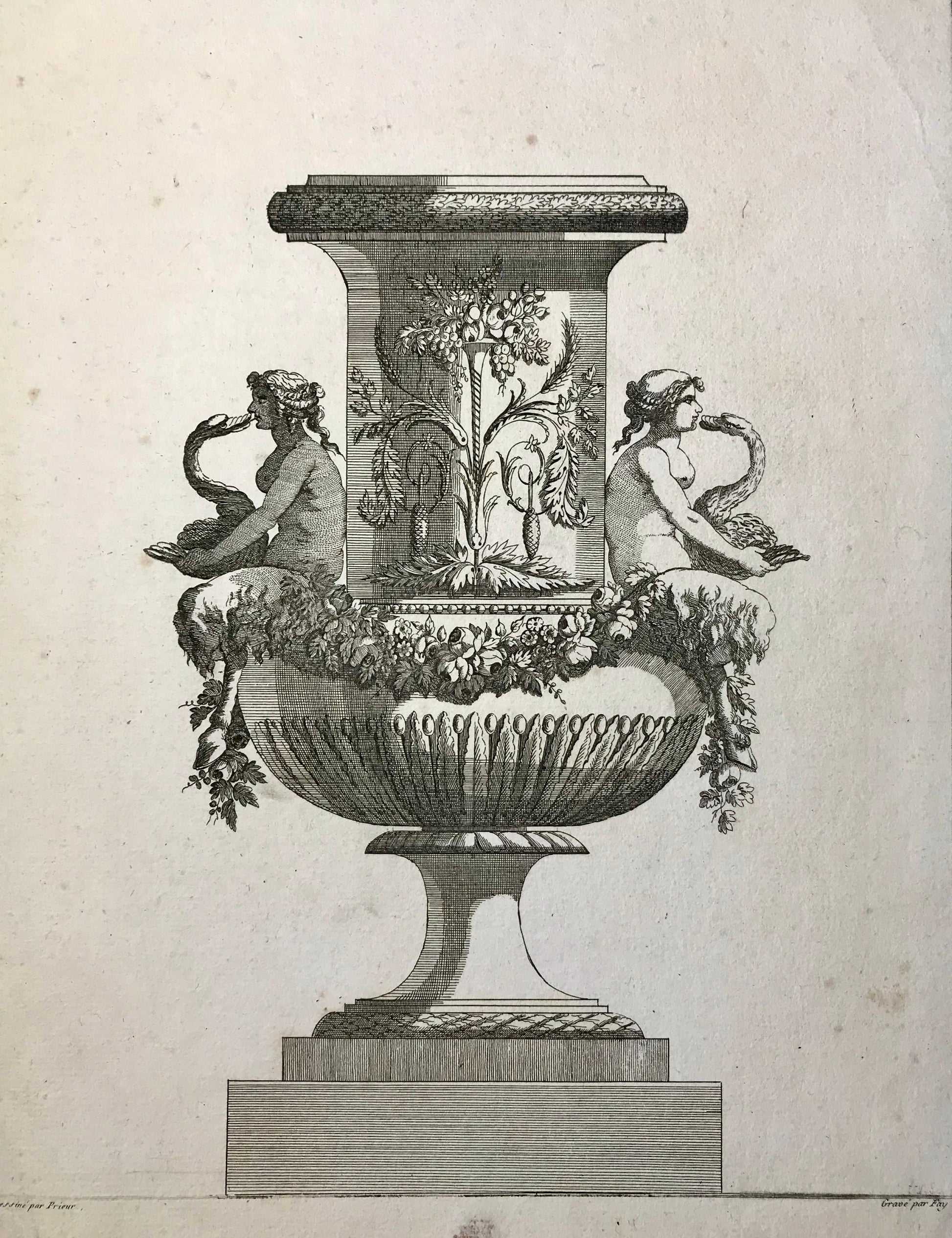 3 Engravings. Designs for Vases by Jean-Louis Prieur (1732-95). French. Late 18th Century. Size: 32.5 x 26 cms.