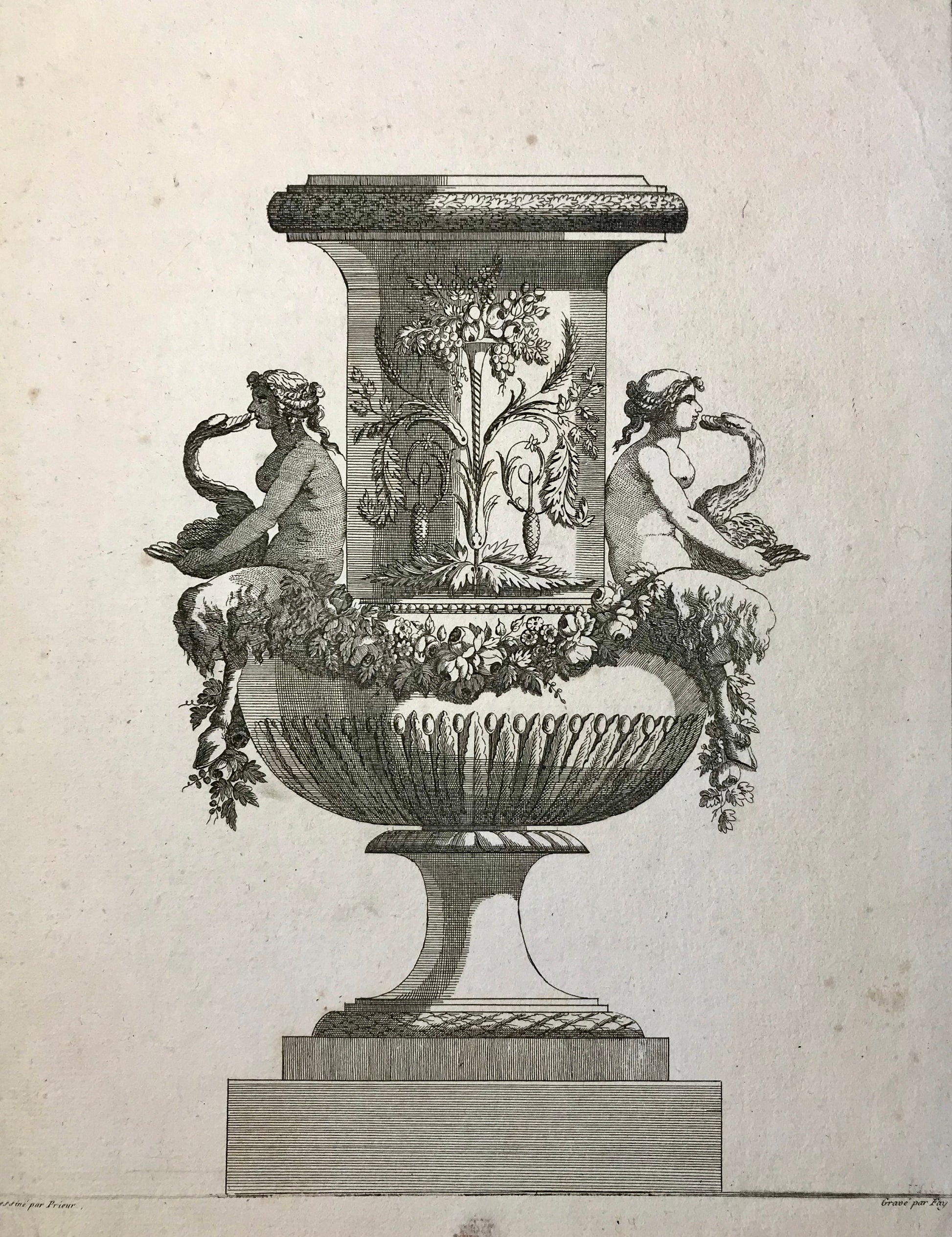 3 Engravings. Designs for Vases by Jean-Louis Prieur (1732-95). French. Late 18th Century. Size: 32.5 x 26 cms.