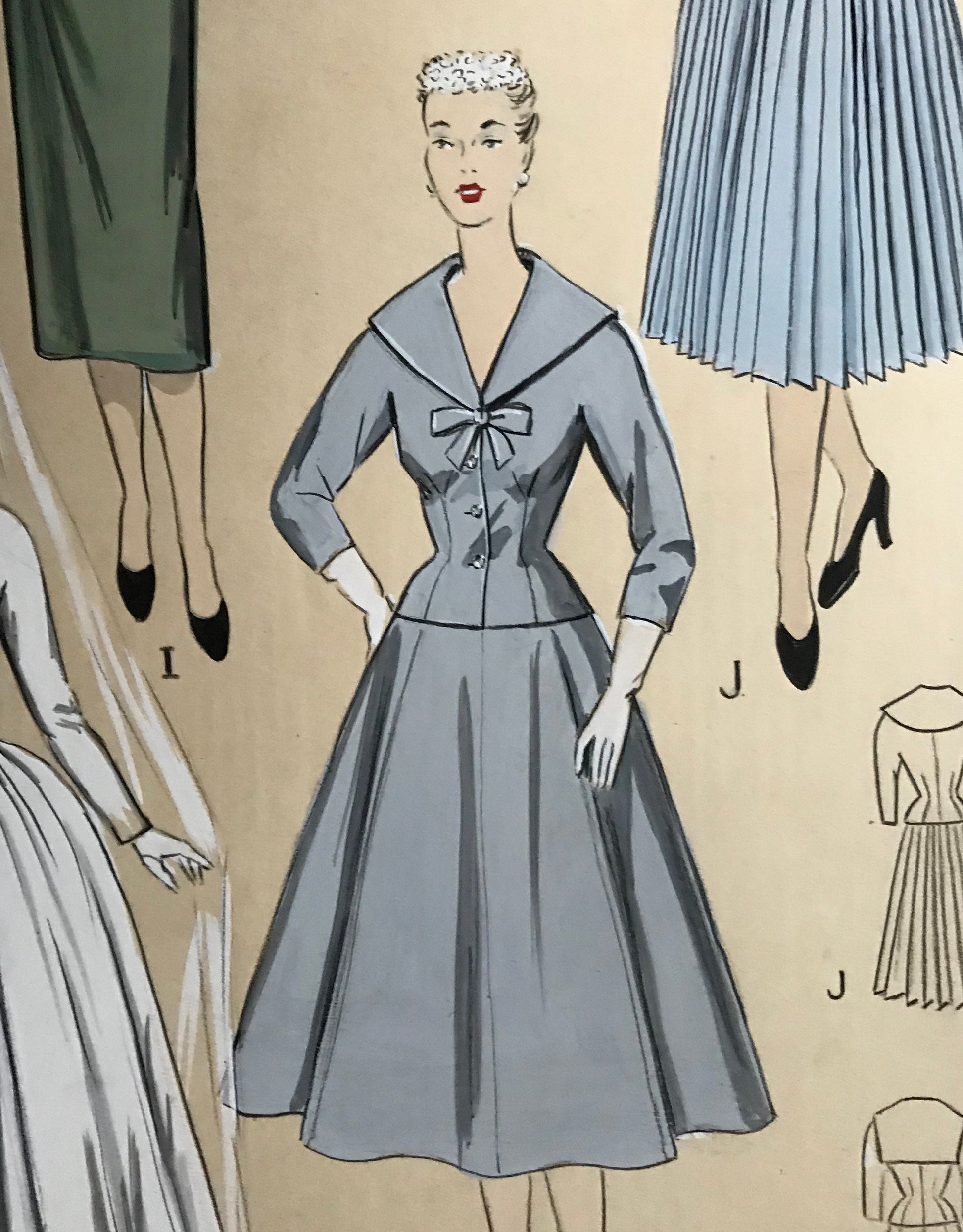 A Large Hand Drawn and Hand Painted Fashion Illustration. From Barcelona, Spain. 1955. Size: 51 x 40.5cms.