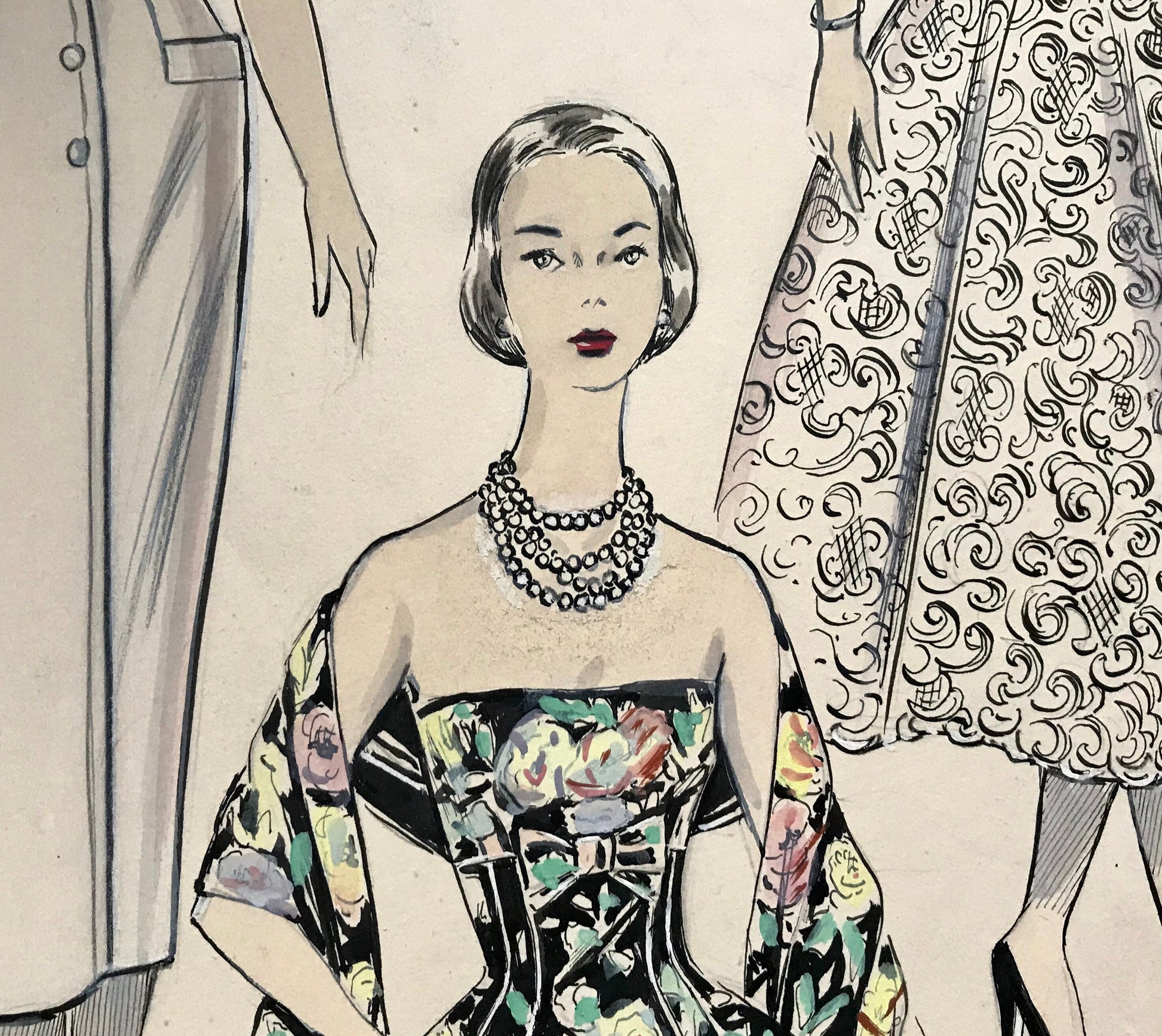 A Large Hand Drawn and Hand Painted Fashion Illustration. Spanish. From Barcelona. 1957 - 58. Size: 52 x 41.5 cms.