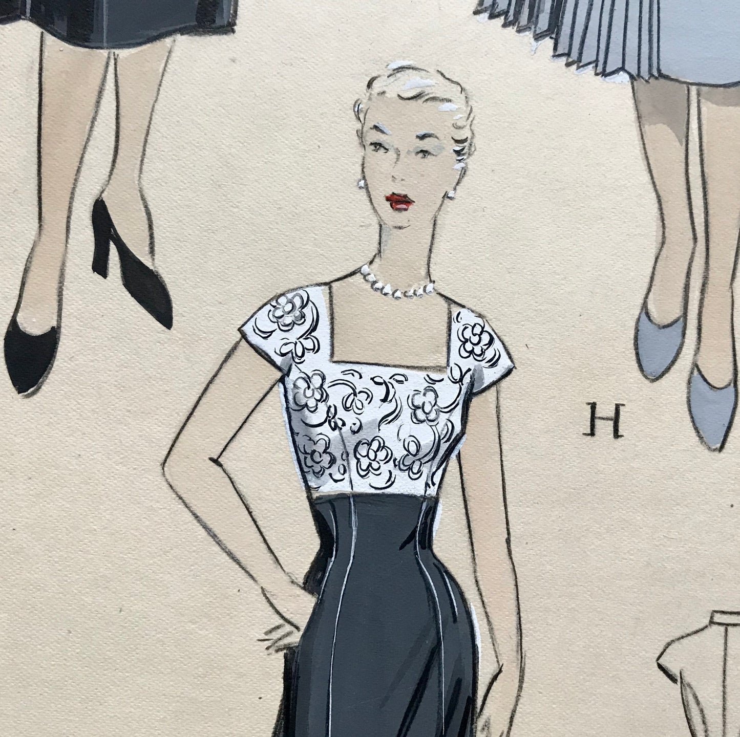 A Large Hand Drawn and Hand Painted Fashion Illustration. From Barcelona, Spain. 1955. Size: 50.5 x 40.5 cms.