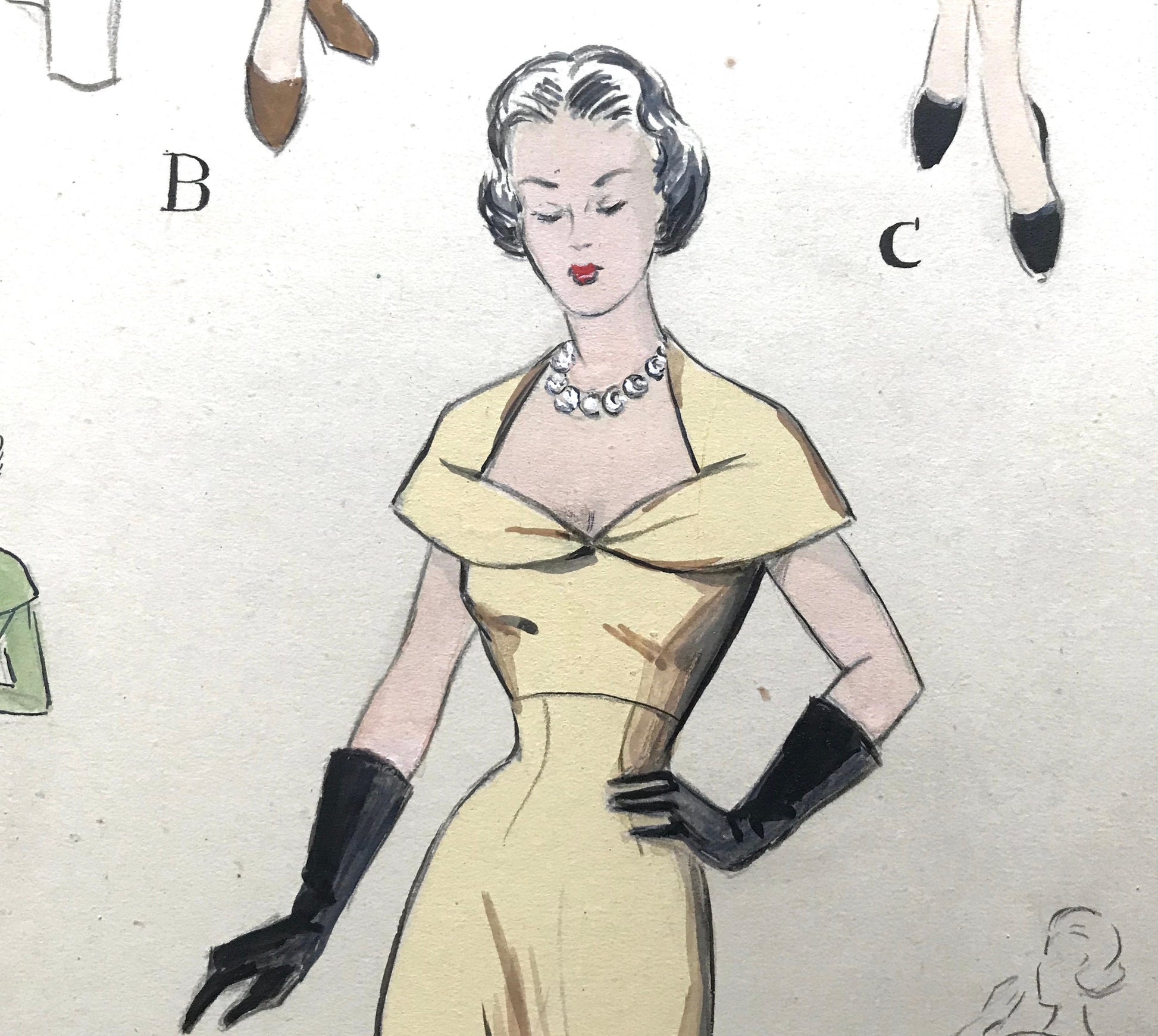 A Large Hand Drawn and Hand Painted Fashion Illustration. From Barcelona, Spain. 1949 - 1950. Size: 51 x 38 cms.