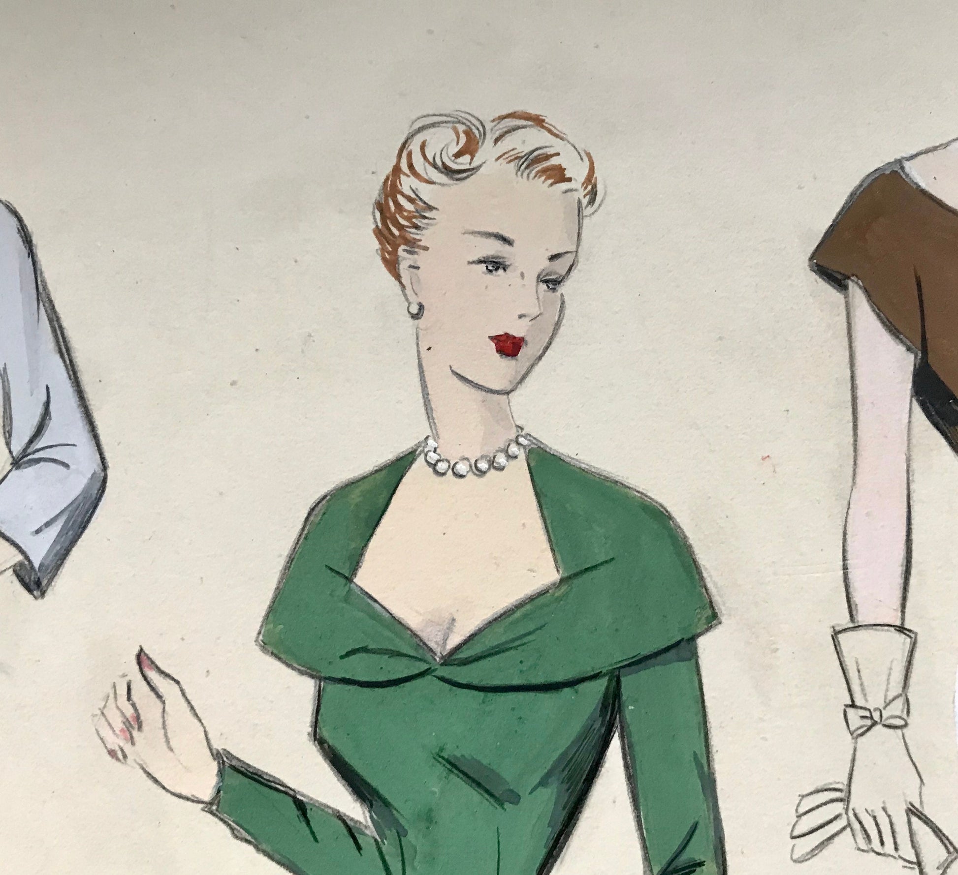 A Large Hand Drawn and Hand Painted Fashion Illustration. From Barcelona, Spain. 1949 - 1950. Size: 51 x 38 cms.
