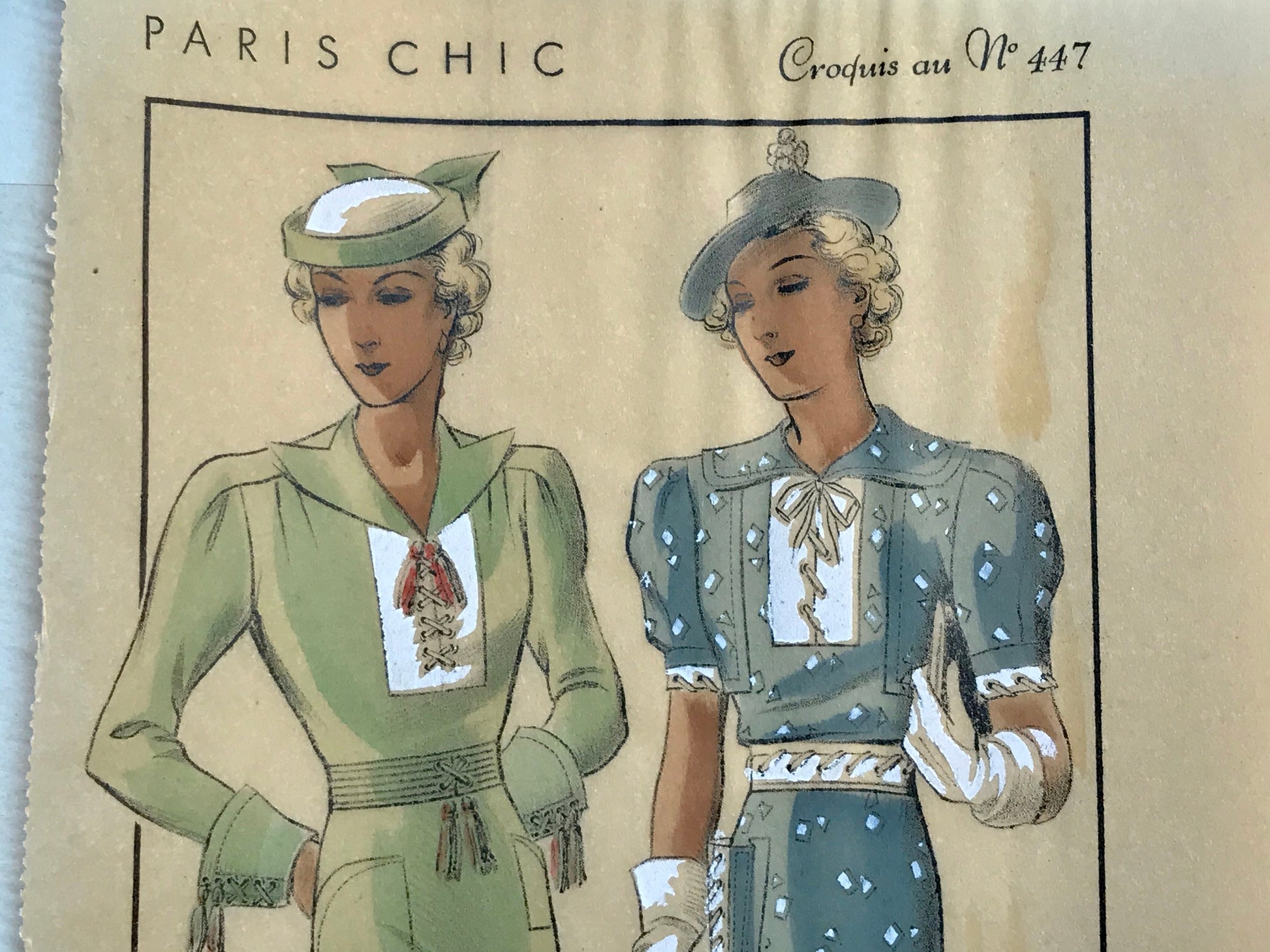 A Sketch, or Croquis. Produced by the Fashion House of Maurice Dubois. Hand coloured lithograph. 1935. Size: 27.5 x 16.7 cms.