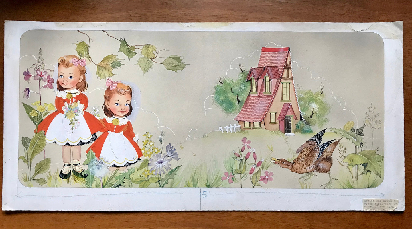 An Original Illustration From ‘The Twins at The Farm’, a child’s picture book published by Dean dated 1953. Large: 59 x 28 cms.